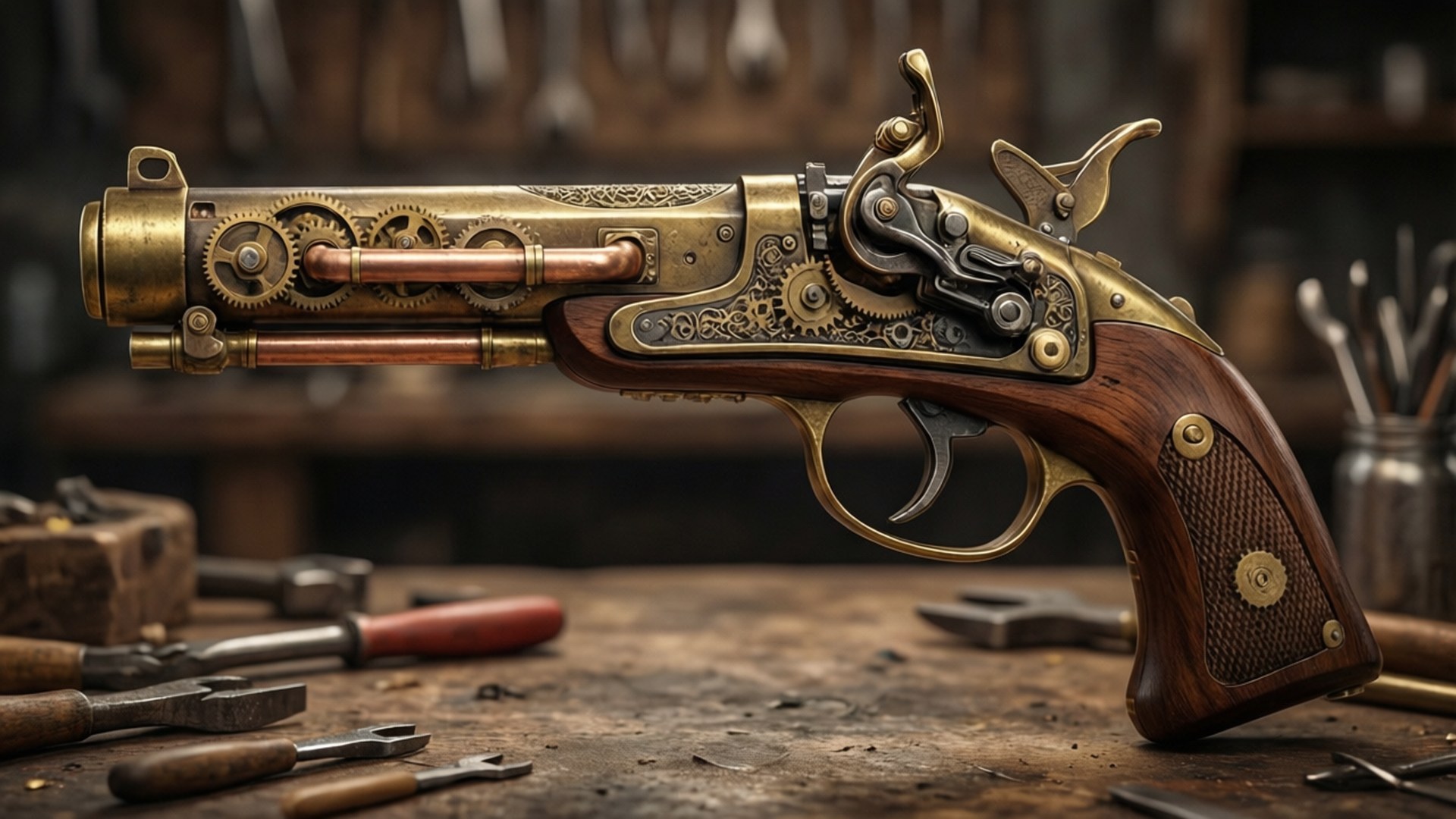 Steampunk Pistol Creation 壁紙 — 一把黃銅和銅製的蒸氣龐克手槍，帶有複雜的齒輪和管道，放在一個雜亂的木製工作台上，周圍是工具。