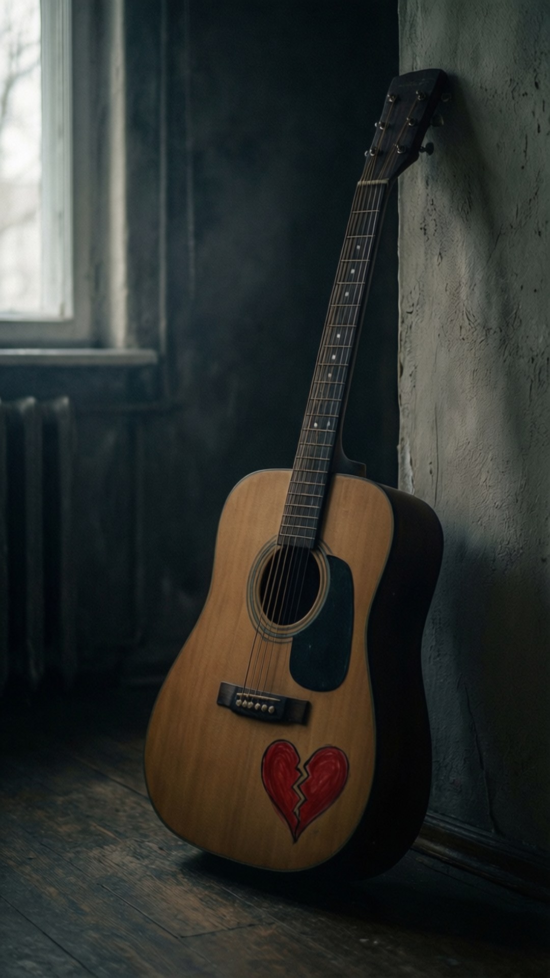 Broken Heart Guitar 壁紙 — 一把木製原聲吉他，琴身上繪有紅色破碎的心，靠在一扇窗戶附近的紋理牆上。
