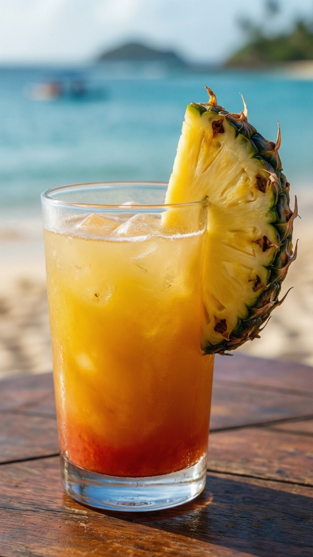 Beachside Cocktail Bliss 壁紙 — 一杯充滿活力的熱帶雞尾酒，飾以鳳梨，放在木桌上，俯瞰著碧綠的海灘和遠處的島嶼。