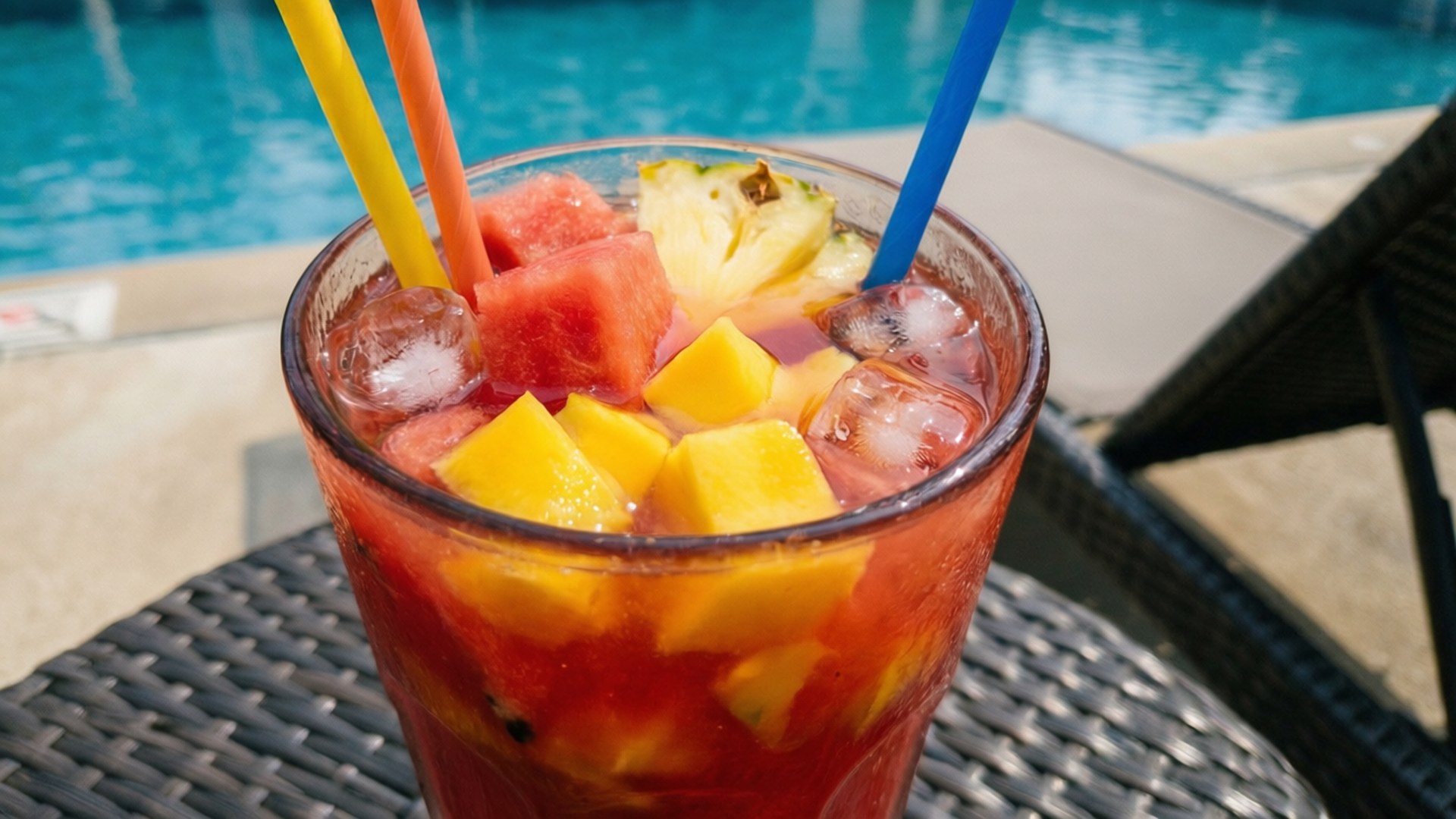 Poolside Punch 壁紙 — 一杯充滿活力的熱帶水果雞尾酒，包含西瓜、芒果和鳳梨塊，放在泳池邊的桌子上，配有三根彩色吸管。