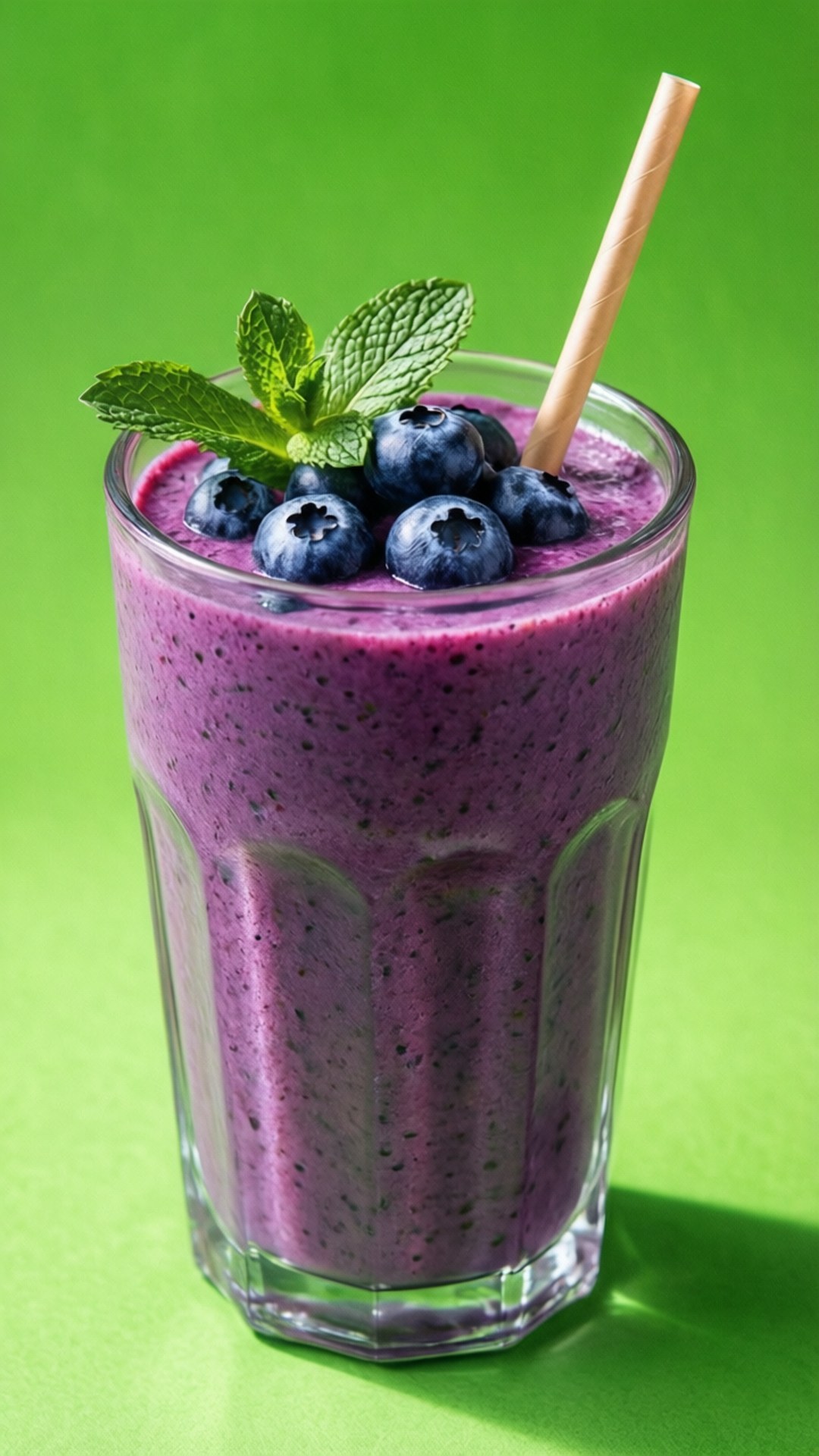 Blueberry Smoothie Cool 壁紙 — 一杯充滿活力的紫色藍莓冰沙，上面放上新鮮藍莓和薄荷，背景是明亮的綠色。