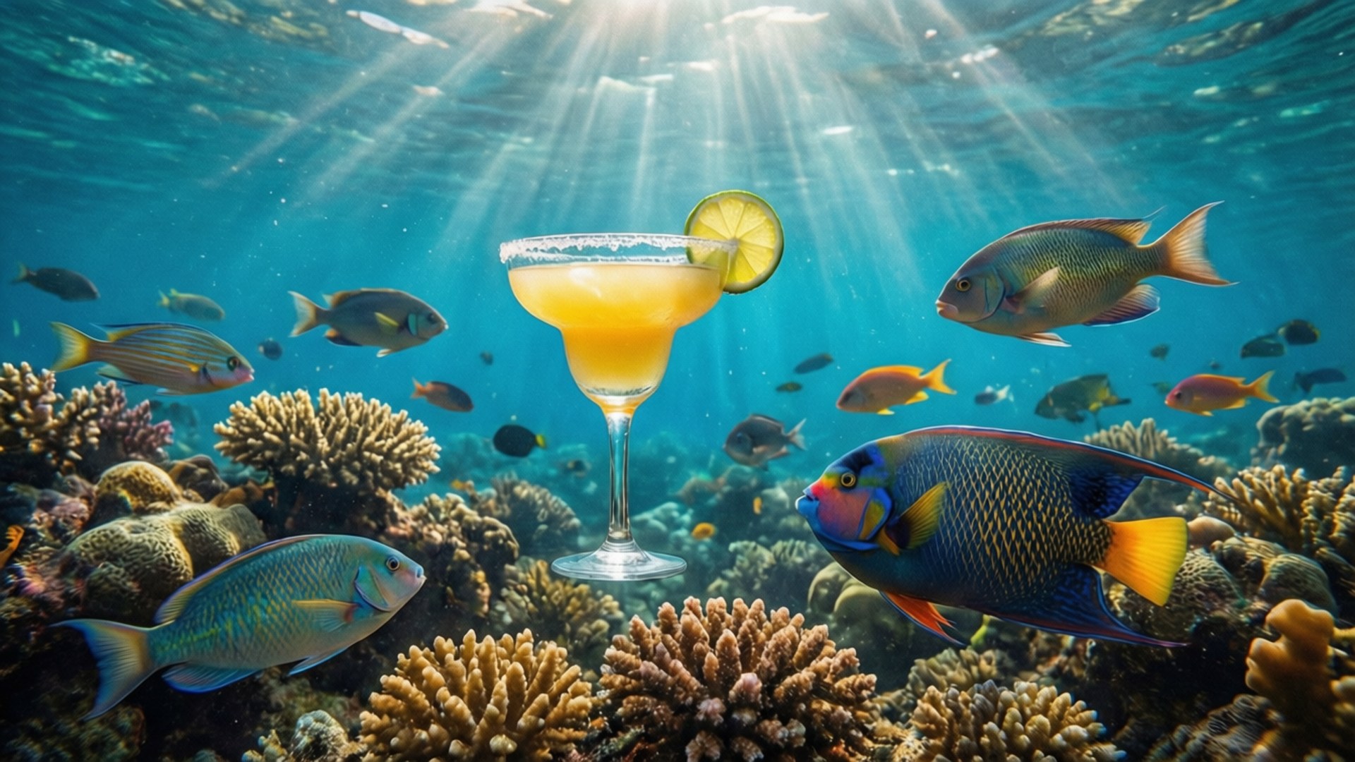 Underwater Margaritaville 壁紙 — 一杯瑪格麗特雞尾酒漂浮在陽光普照的珊瑚礁中，周圍充滿色彩繽紛的熱帶魚。