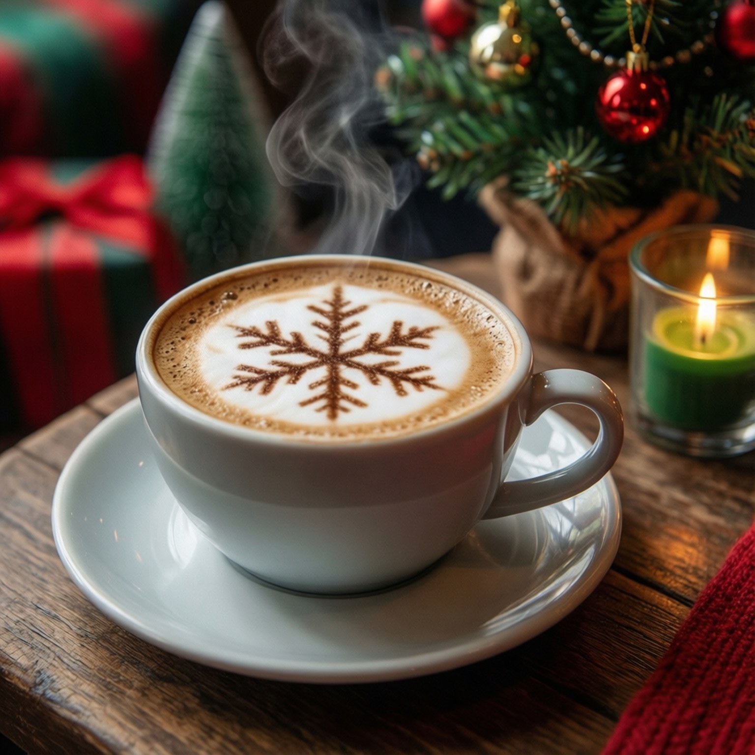 Coffee and Christmas 壁紙 — 一杯冒著熱氣的咖啡，上有雪花拿鐵藝術，放在木桌上，旁邊有燃燒的綠色蠟燭和裝飾好的聖誕樹。