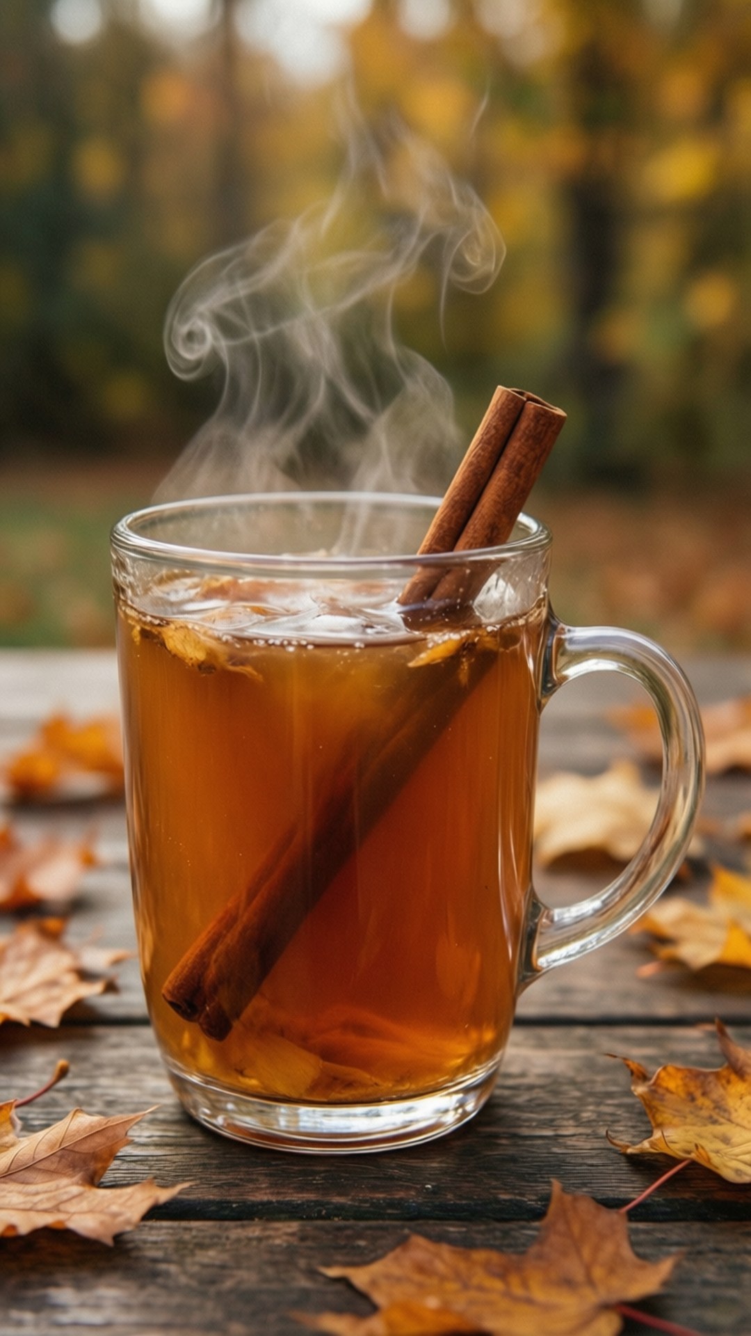 Apple Cider Cozy 壁紙 — 一杯冒著蒸氣的玻璃杯香料茶，搭配肉桂棒，放在木桌上，周圍散落著秋天的落葉。