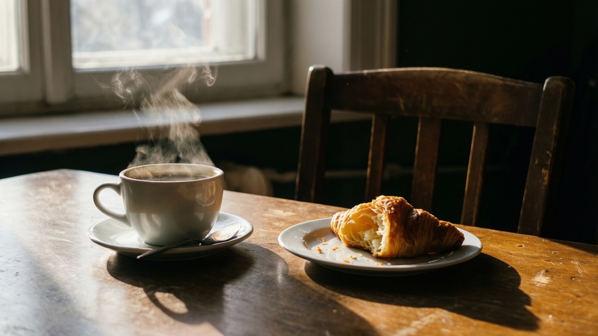 Coffee for Two 壁紙 — 一杯冒煙的咖啡和一個奶油可頌放在陽光照射的木桌上，旁邊有一張鄉村風格的椅子。