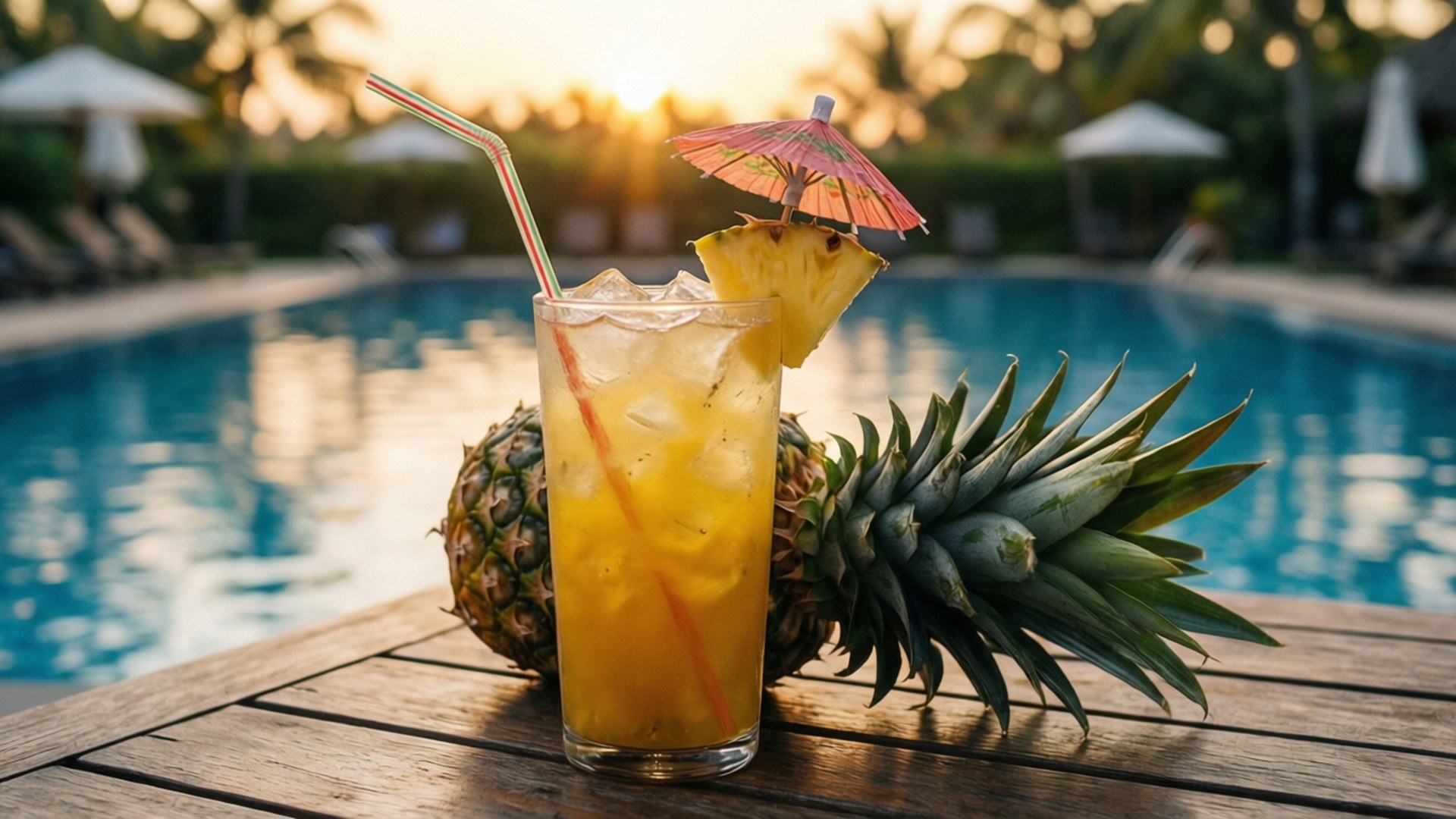 Poolside Pineapple Drink 壁紙 — 一杯熱帶鳳梨飲品，附有傘子和吸管，放在陽光普照的泳池旁木桌上，旁邊有一個完整的鳳梨。