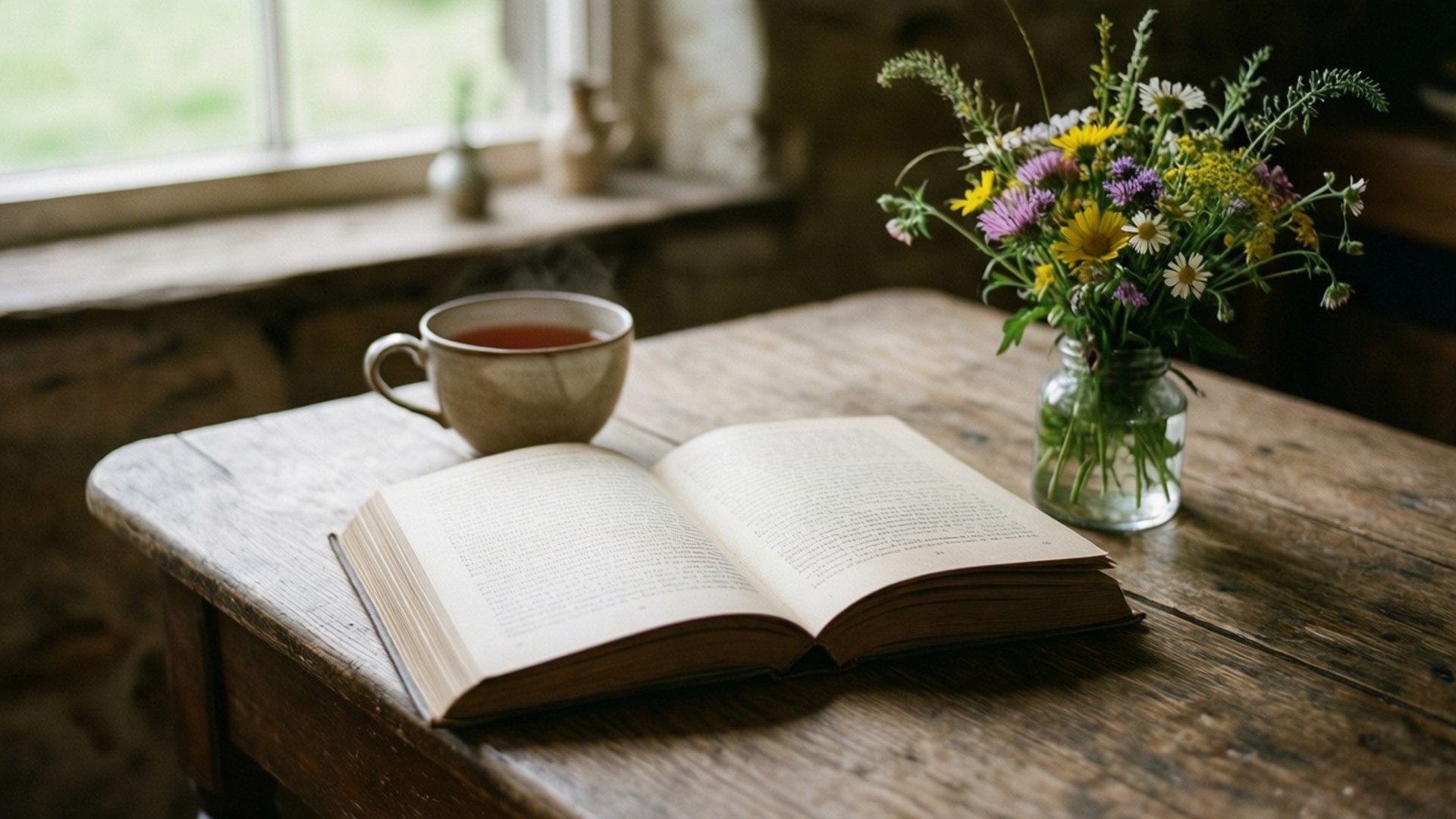 Rustic Reading Table 壁紙 — 一本打開的書、一杯冒煙的茶和一罐野花放在陽光照射的窗邊的鄉村木桌上。