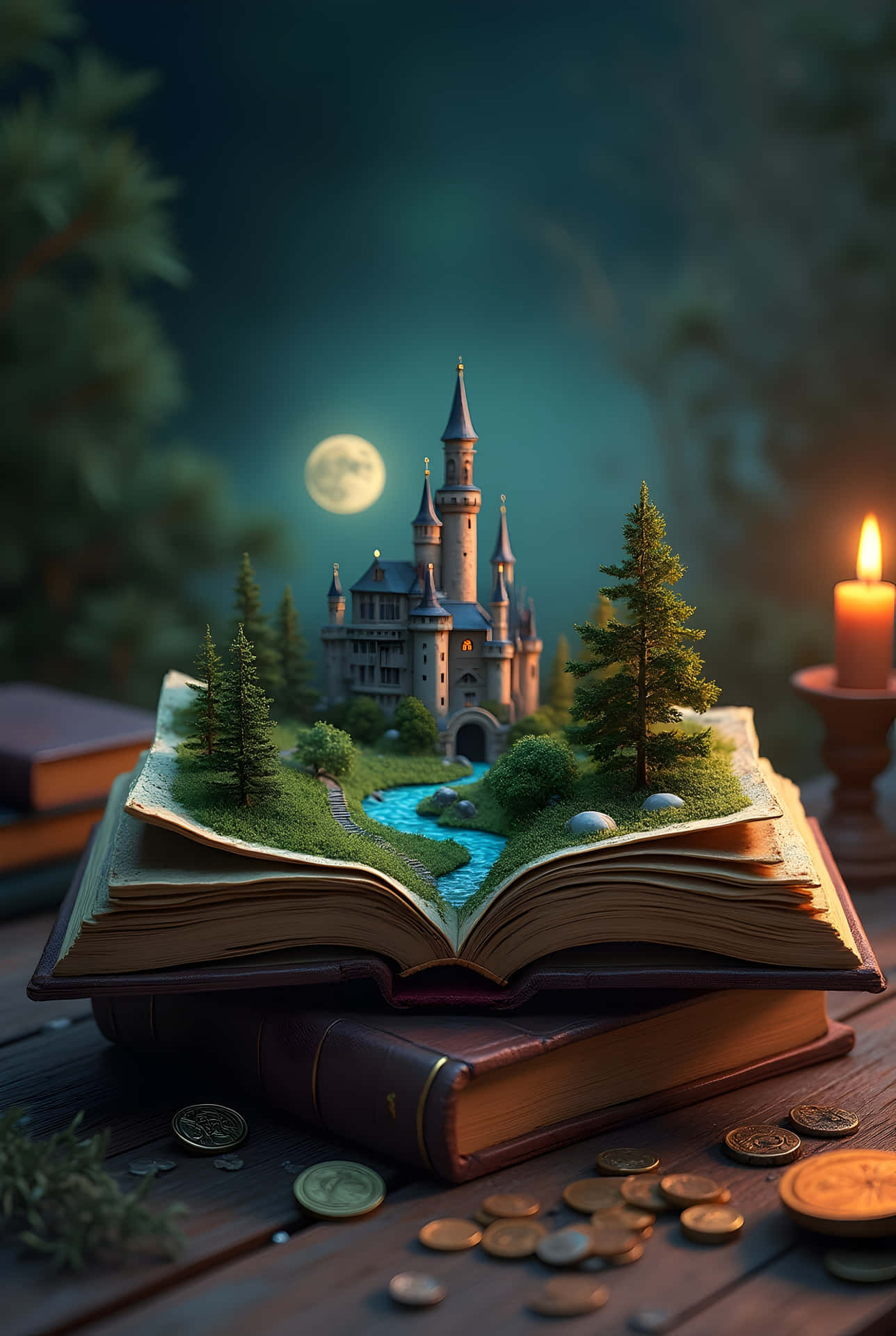 在滿月下，一本打開的書中出現了一個魔法城堡，旁邊有一根點燃的蠟燭和散落的硬幣。