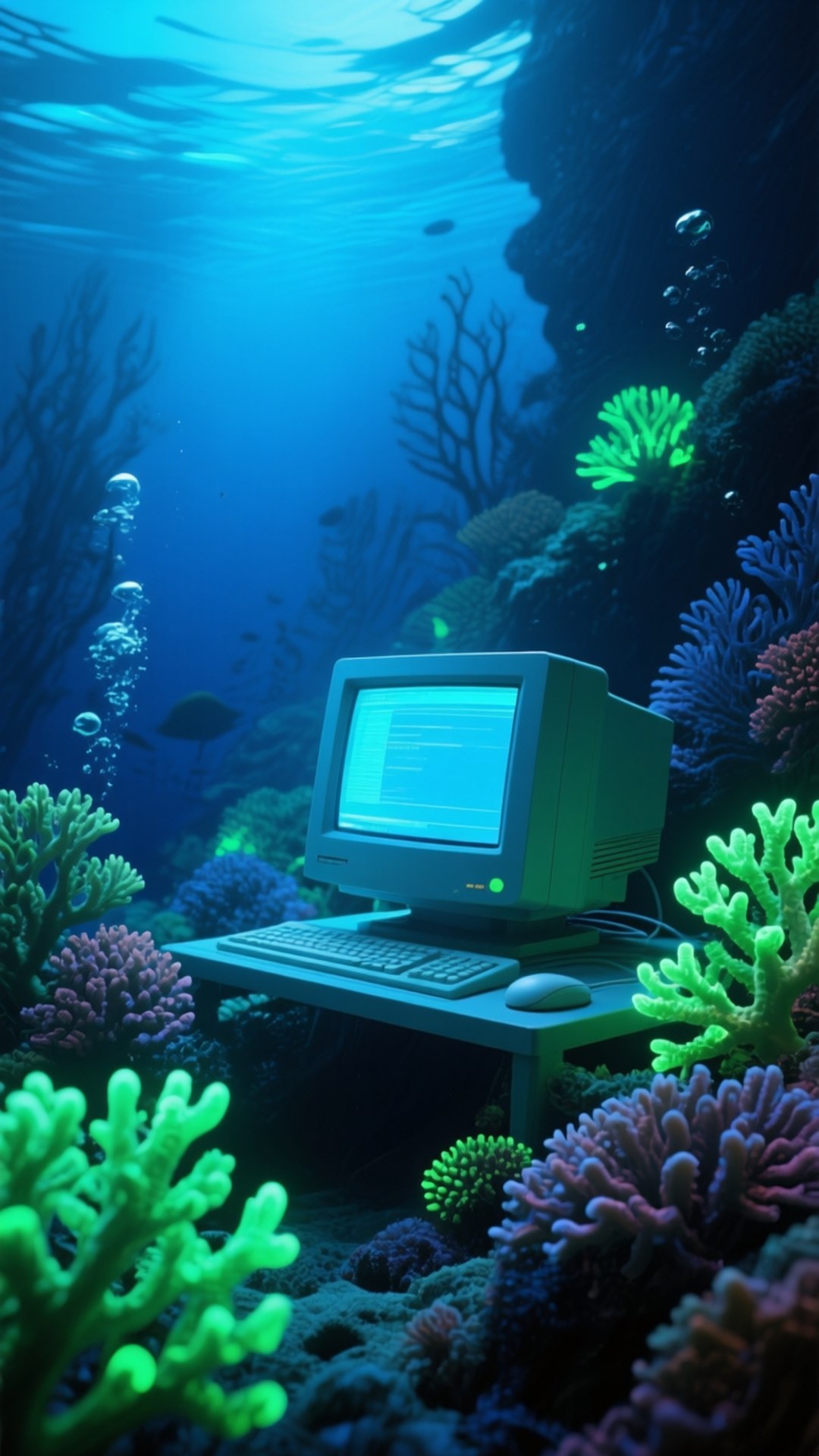 Underwater Computer 壁紙 — 一部舊電腦放在水下的桌子上，周圍是發光的珊瑚和游動的魚，在深藍色的海洋光線中。