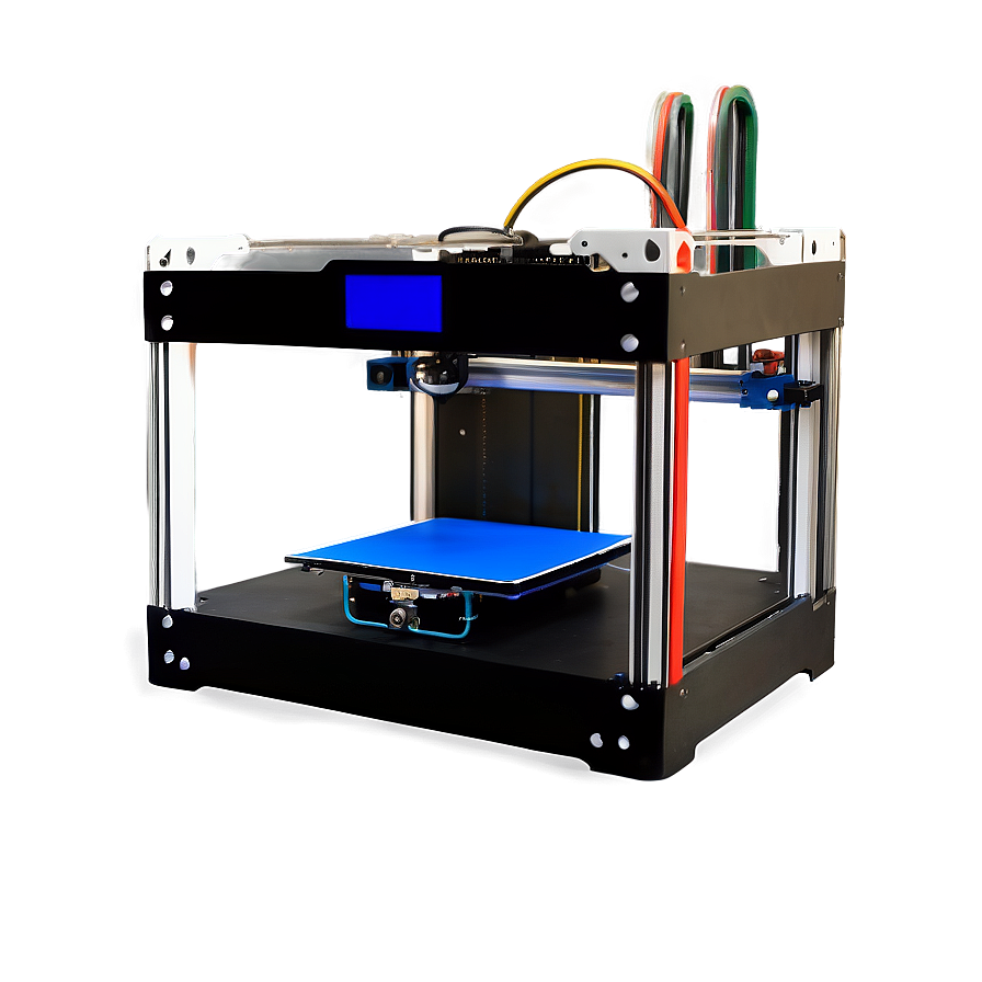 一部現代的3D列印機，帶有發光管和藍色構建板。 — 3D 壁紙