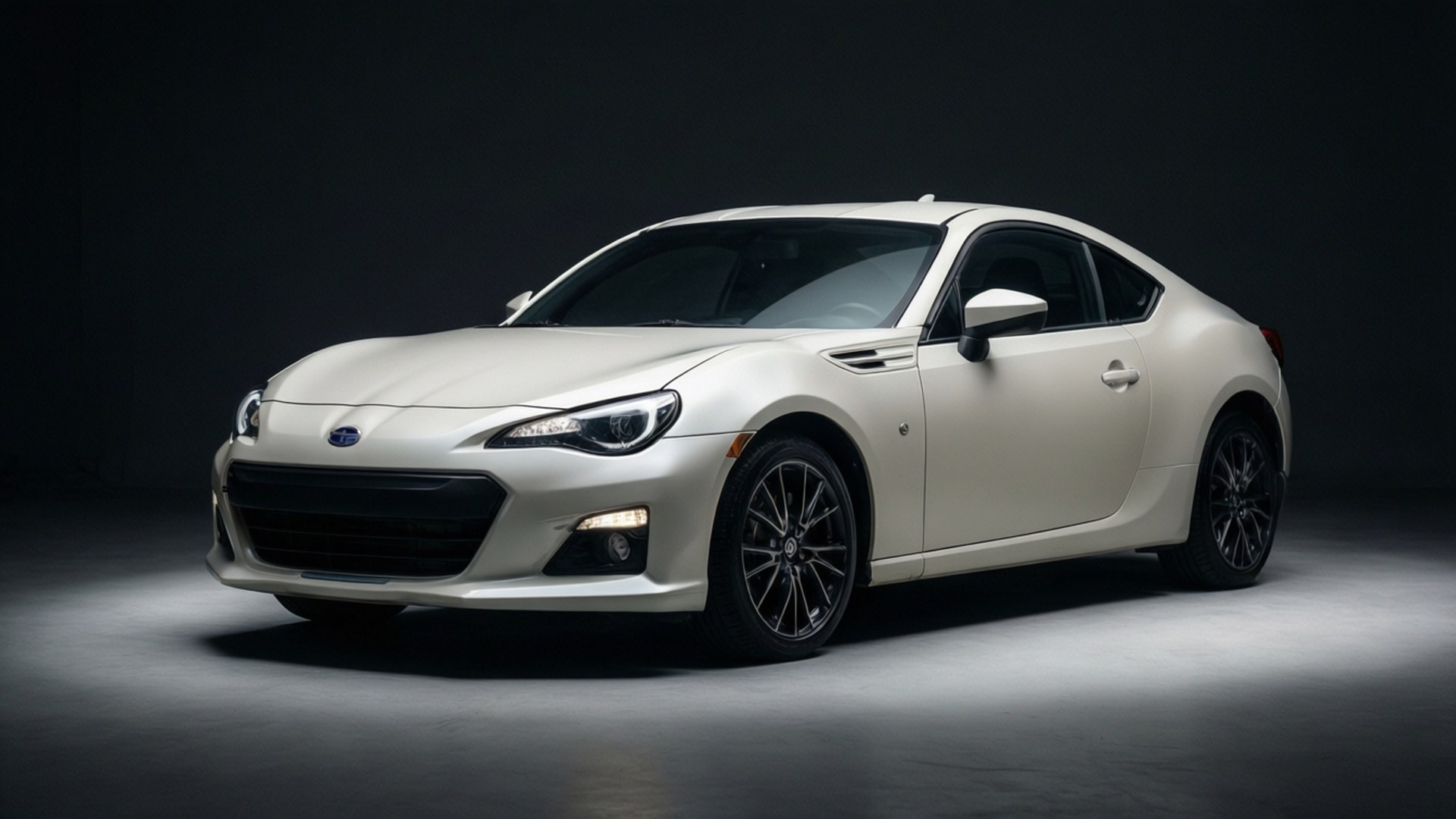 Stunning Pearl White BRZ 壁紙 — 一部時尚的白色Subaru BRZ跑車在昏暗的攝影棚中展示，戲劇性的聚光燈凸顯其空氣動力學曲線和黑色合金輪圈。