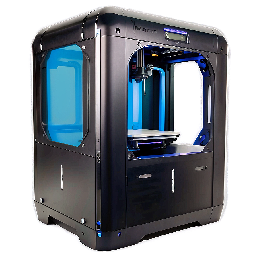 一款現代3D列印機，配備藍色內部照明和黑色外殼。 — 3D 壁紙