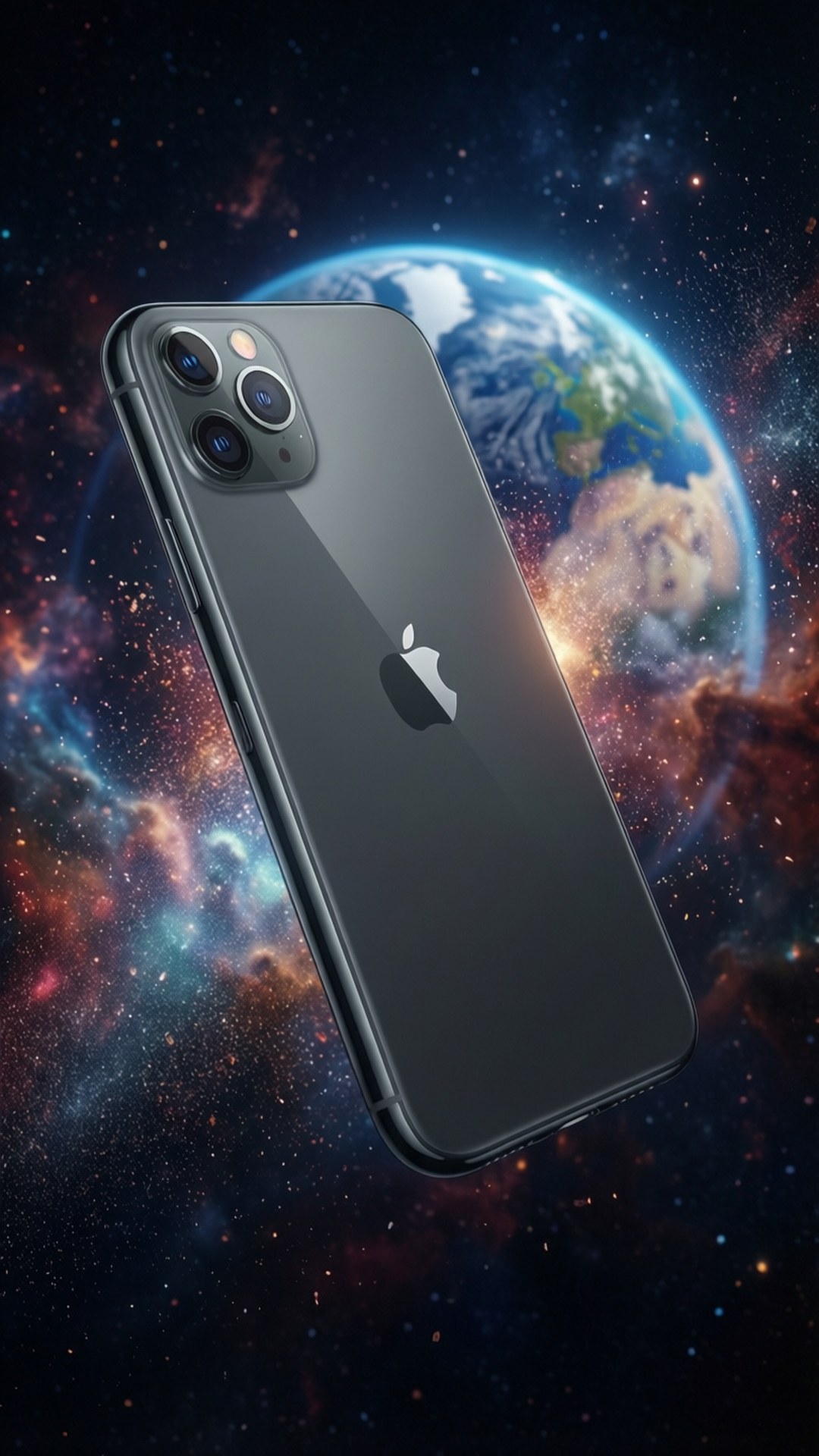 Galactic iPhone 壁紙 — 一部時尚的黑色iPhone漂浮在充滿活力的宇宙背景上，背景中有地球和旋轉的星雲。