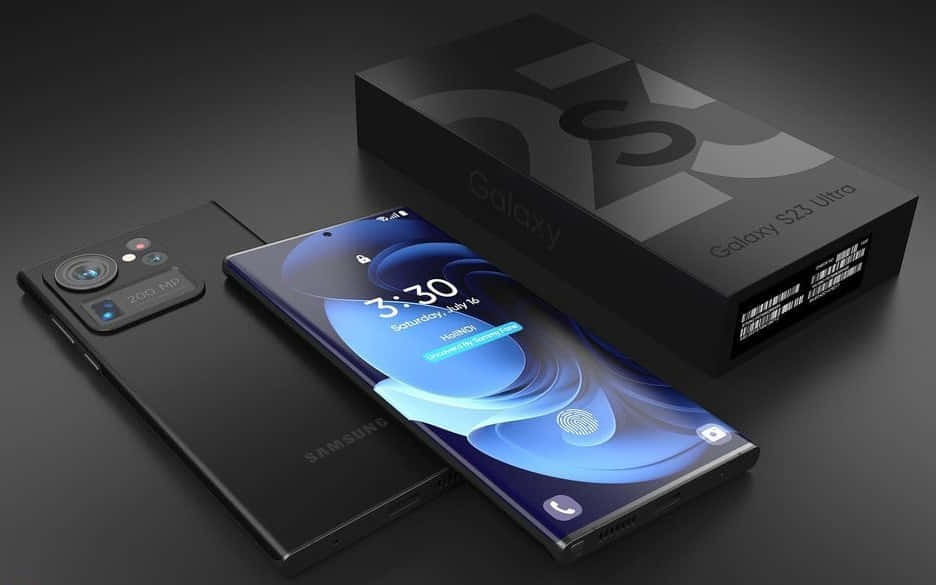  壁紙 — 一部時尚的黑色 Samsung Galaxy S23 Ultra 智慧型手機，配備曲面螢幕和四鏡頭，與其包裝盒一同放置在深色表面上。
