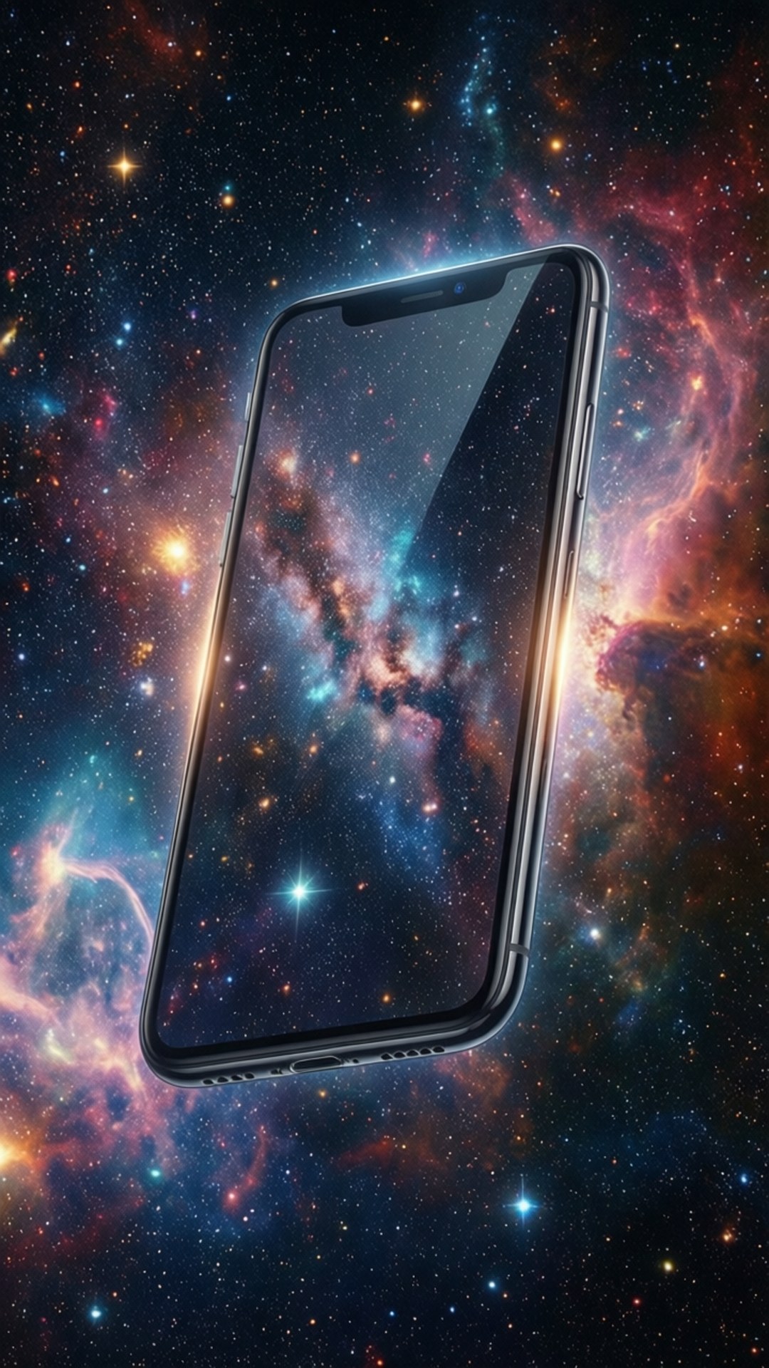 Space Float iPhone XR 壁紙 — 一部時尚的黑色智慧型手機漂浮在充滿發光星星和旋轉粉紅色、藍色和橙色雲彩的充滿活力的宇宙星雲前。