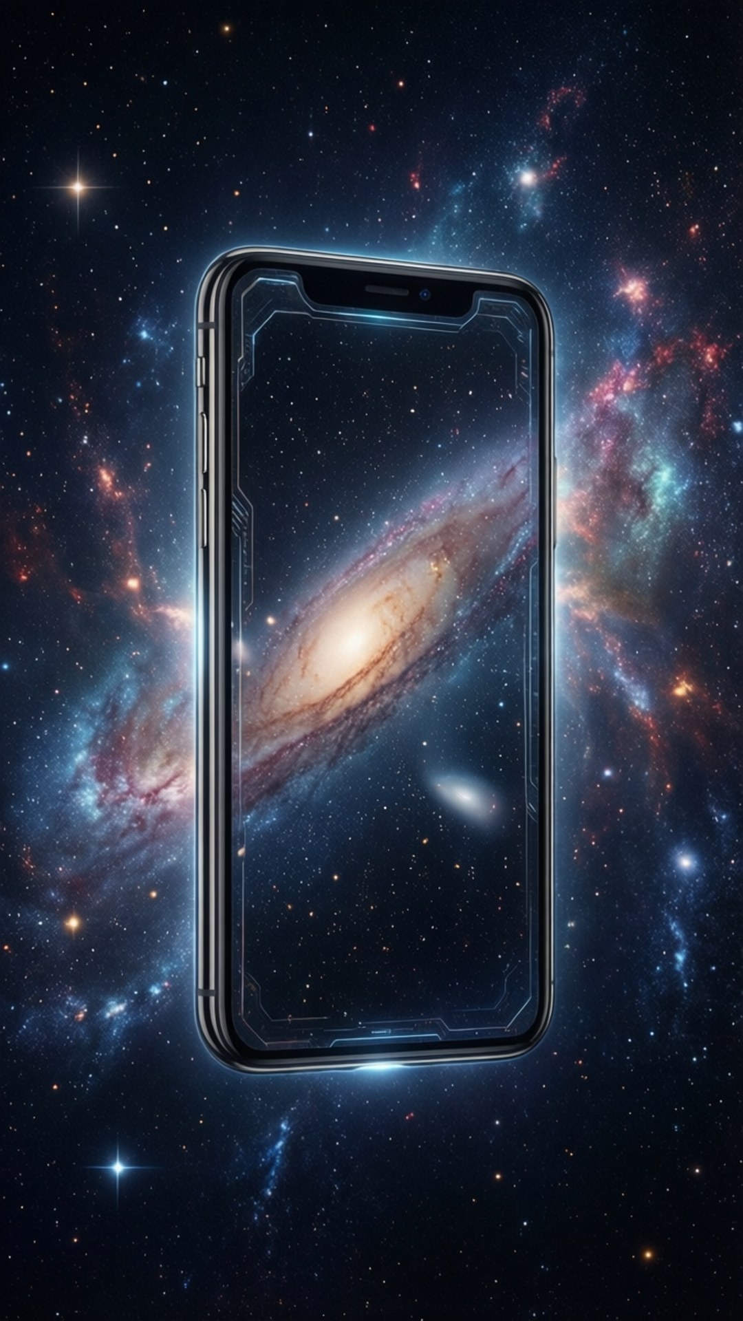 iPhone X in Space 壁紙 — 一部時尚的黑色智慧型手機在展示發光螺旋星系的鮮豔宇宙背景上漂浮。