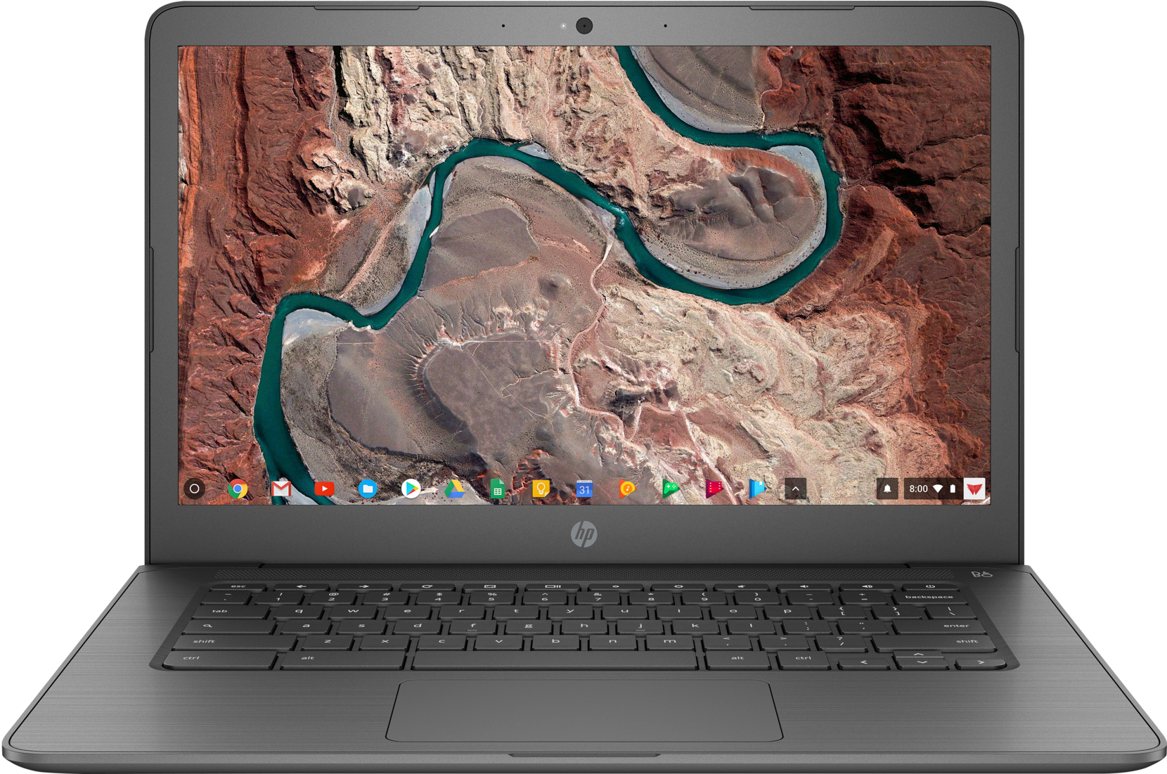 灰色筆記型電腦顯示峽谷河流桌布，帶有工作列圖示 — Chromebook 壁紙