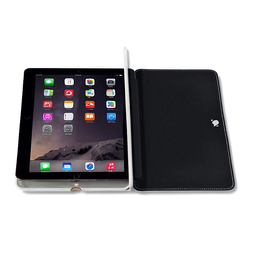 在工作室燈光下發光的黑色皮革保護套中的現代iPad和觸控筆。 — iPad 壁紙