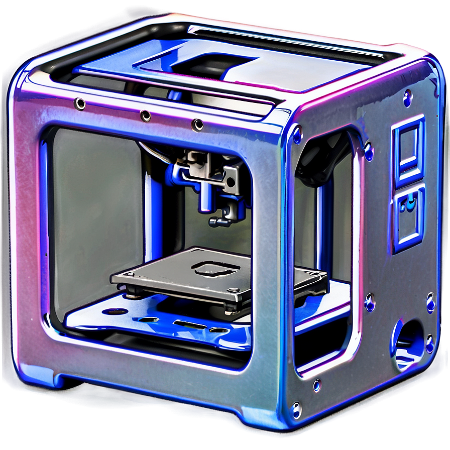 一部發出藍色和紫色霓虹燈光的3D列印機。 — 3D 壁紙