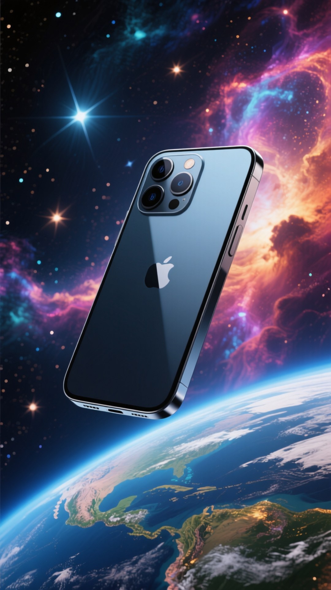 Phone in the Cosmos 壁紙 — 一部時尚的藍色iPhone漂浮在地球上空，背景是充滿活力的宇宙星雲和閃爍的星星。