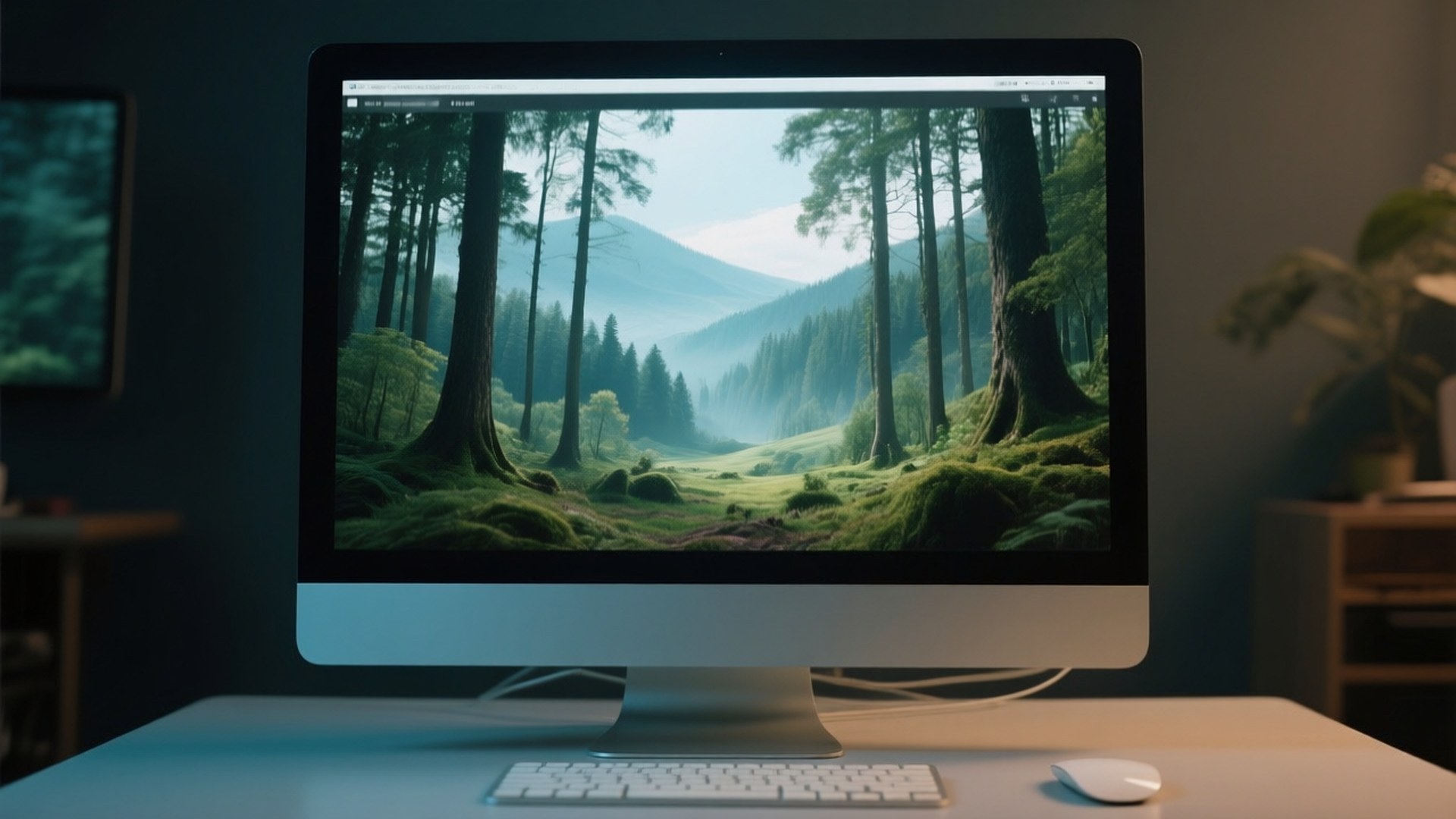 Window to Forest 壁紙 — 一部時尚的銀色 iMac 顯示寧靜的森林壁紙，有高聳的樹木、長滿苔蘚的地面和霧氣繚繞的山脈，在柔和的藍天下。