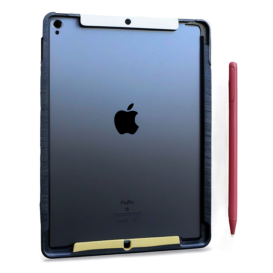 銀色iPad，旁邊有粉紅色觸控筆在黑暗表面上發光。 — iPad 壁紙