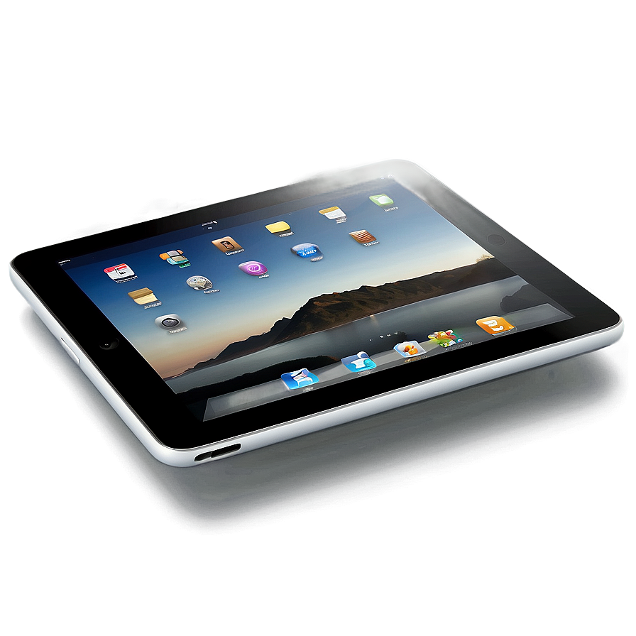 銀色平板電腦，發光螢幕顯示應用程式圖示和山景日落壁紙。 — iPad 壁紙