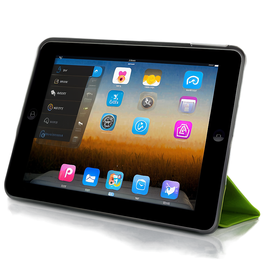 一部平板電腦螢幕上顯示應用程式圖標，由綠色支架支撐。 — iPad 壁紙