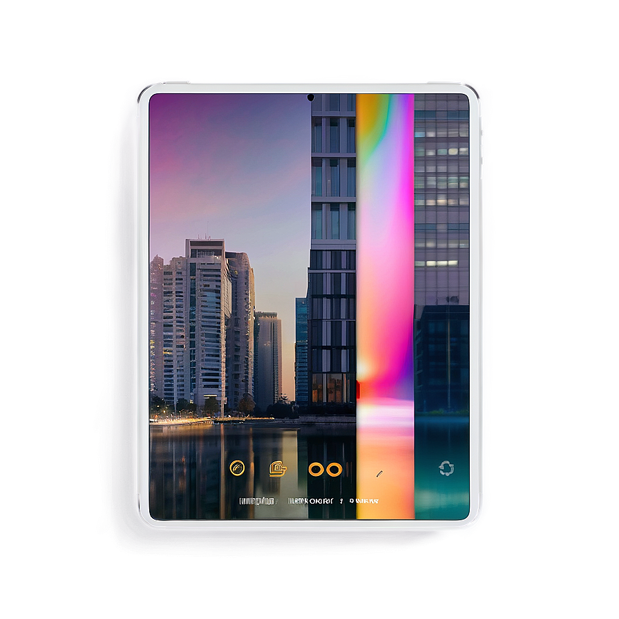 平板電腦在黃昏時以彩虹光效顯示城市天際線 — iPad 壁紙