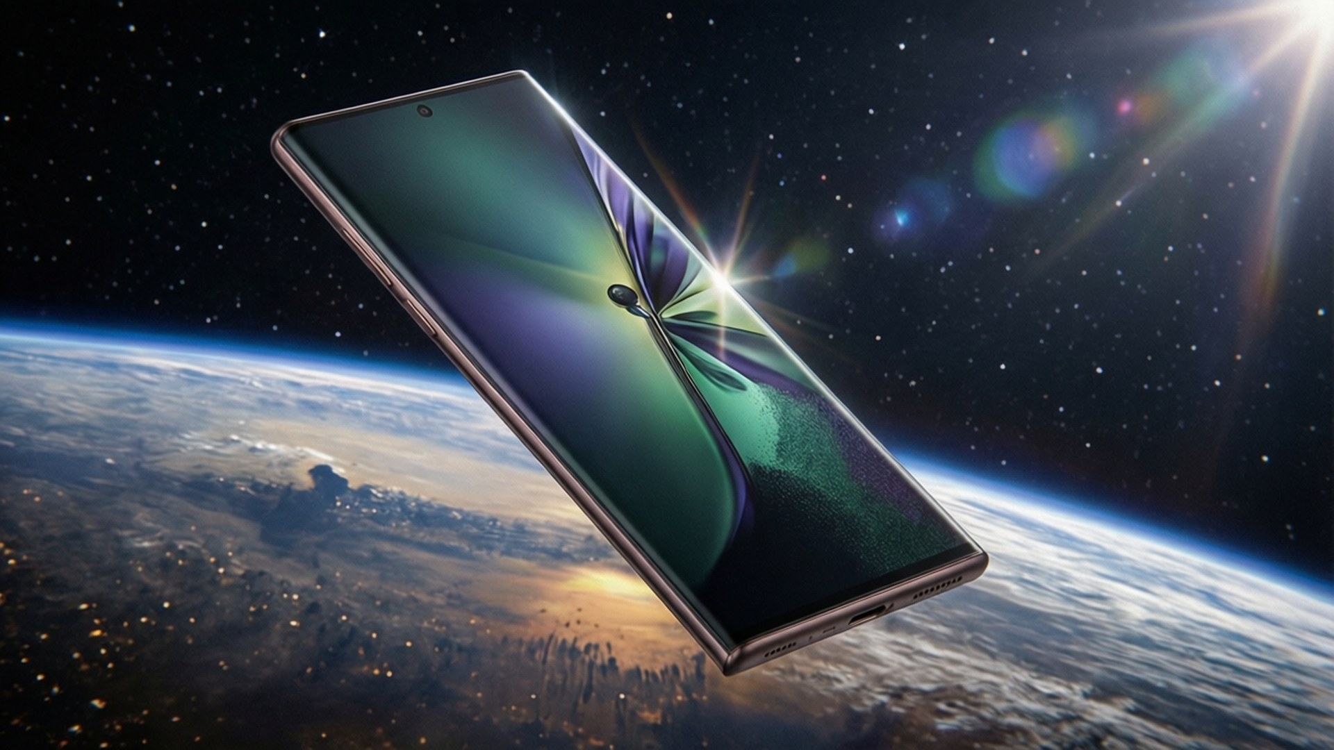 Space View Note 10 壁紙 — 一部時尚智慧型手機在地球上空漂浮，背景是星空宇宙和鏡頭光暈。