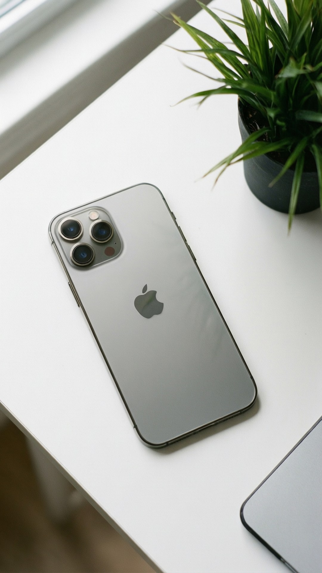 Silver Minimalism 壁紙 — 一部銀色iPhone配備三鏡頭陣列，放在窗邊白色桌子上，旁邊有一盆綠色植物。