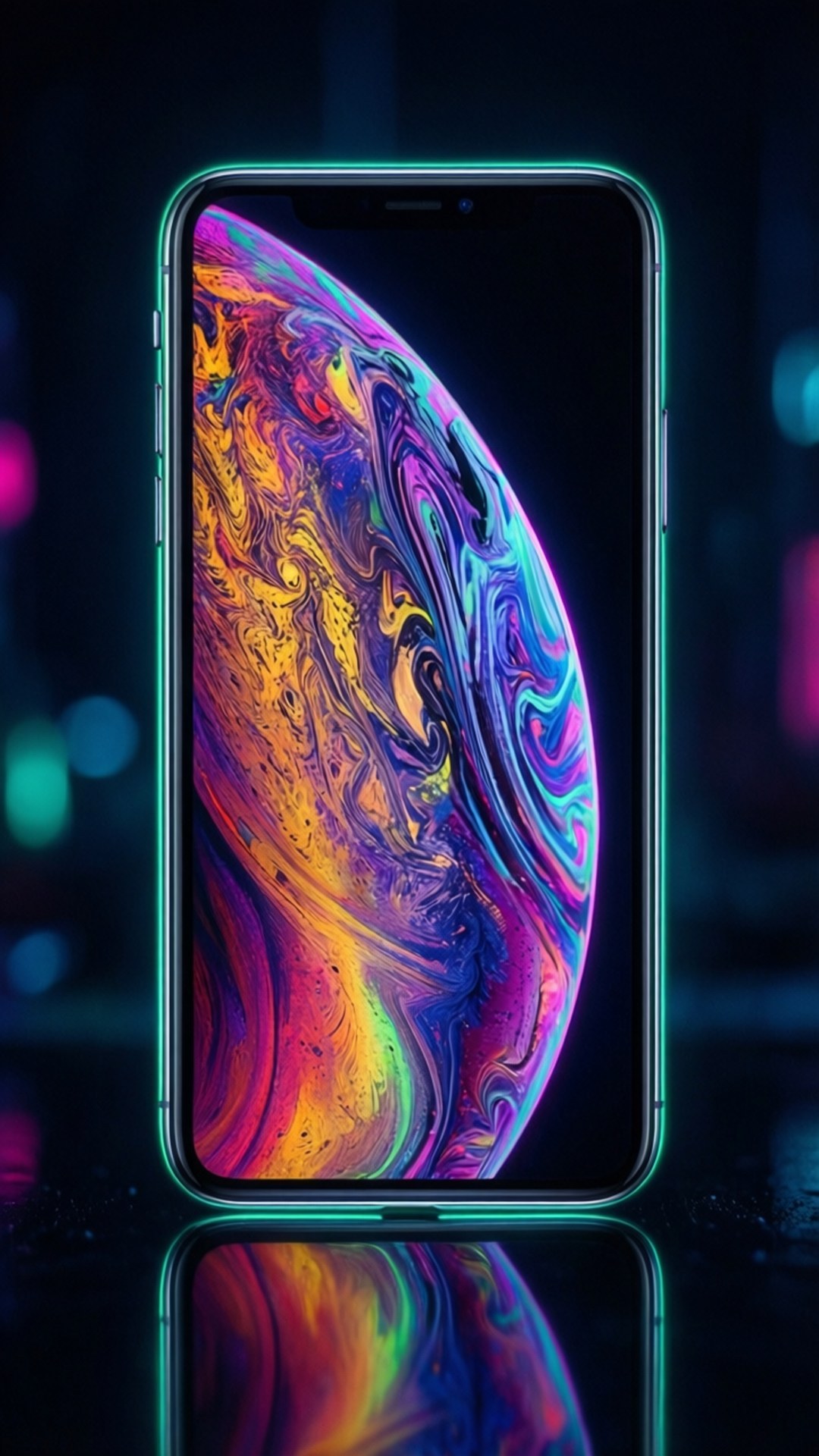 一部智慧型手機在黑暗表面上顯示彩色旋轉星雲桌布，帶有霓虹反射。 — iPhone 11 壁紙