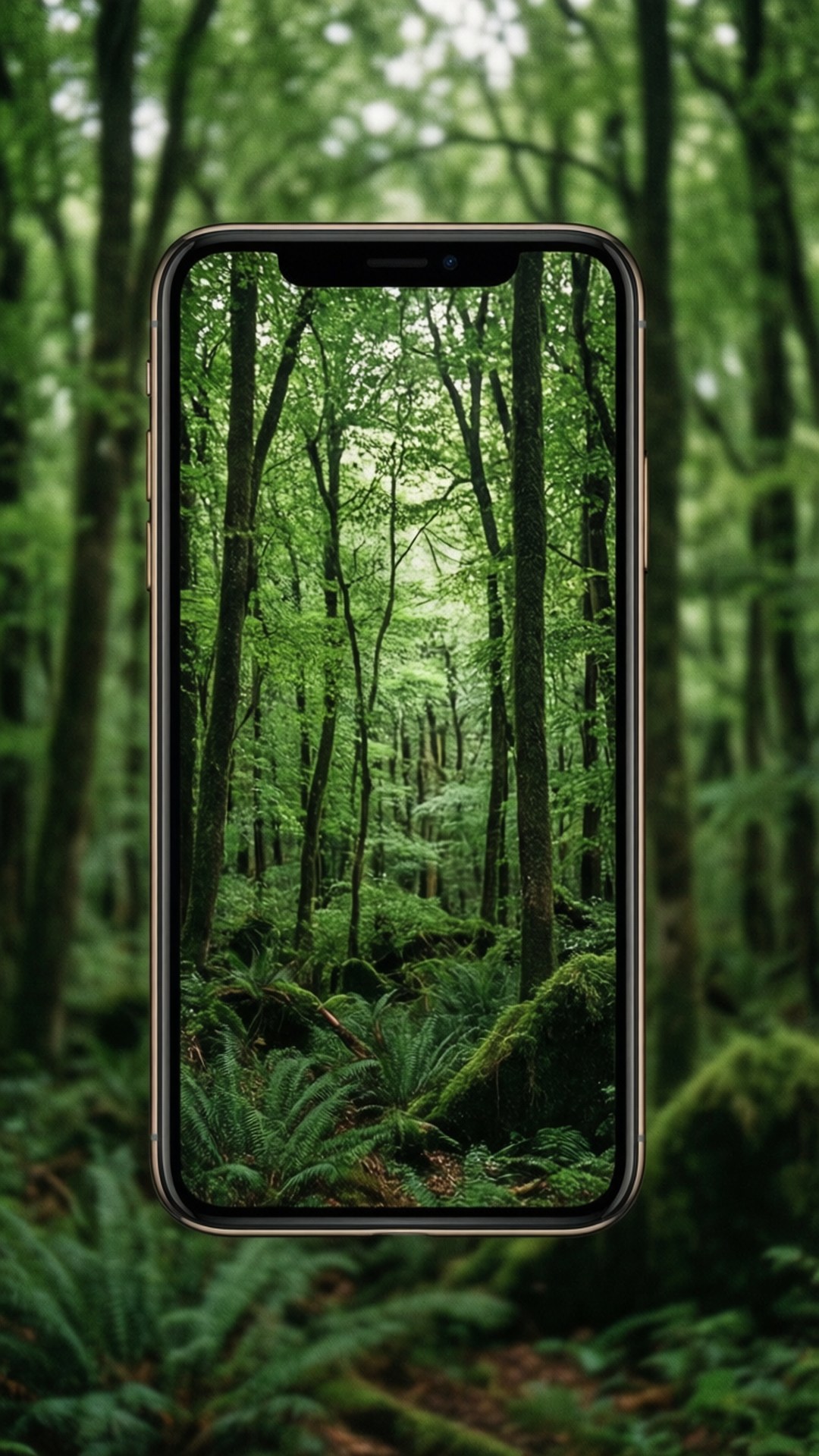 Reflection Forest iPhone X 壁紙 — 一部智慧型手機顯示一個茂密的綠色森林桌布，有高大的樹木、蕨類植物和透過樹冠過濾的斑駁陽光。