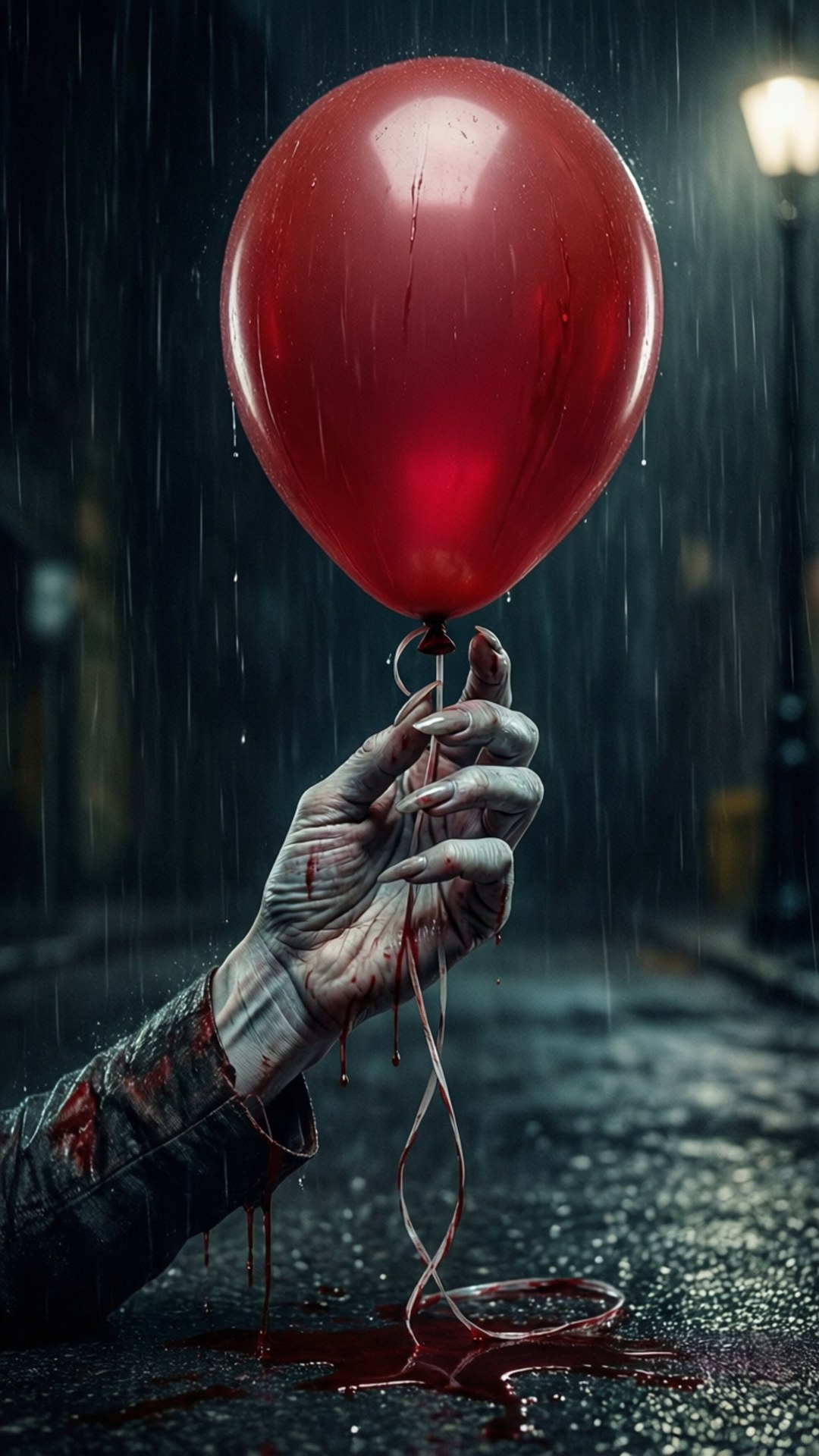 Red Balloon Grasp 壁紙 — 一隻蒼白的殭屍手抓住一個滴血的紅色氣球，背景是夜晚的雨街。