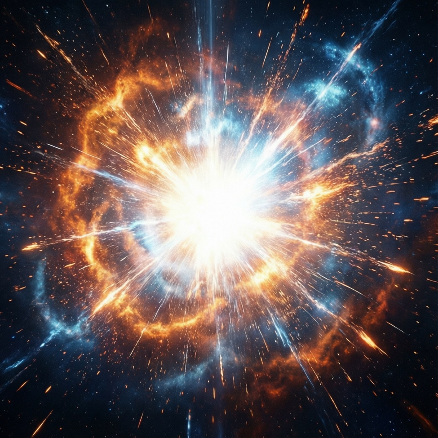 Stellar Explosion 壁紙 — 一場燦爛的宇宙爆炸在黑暗的星空中散發出火橙色和電藍色的光芒。