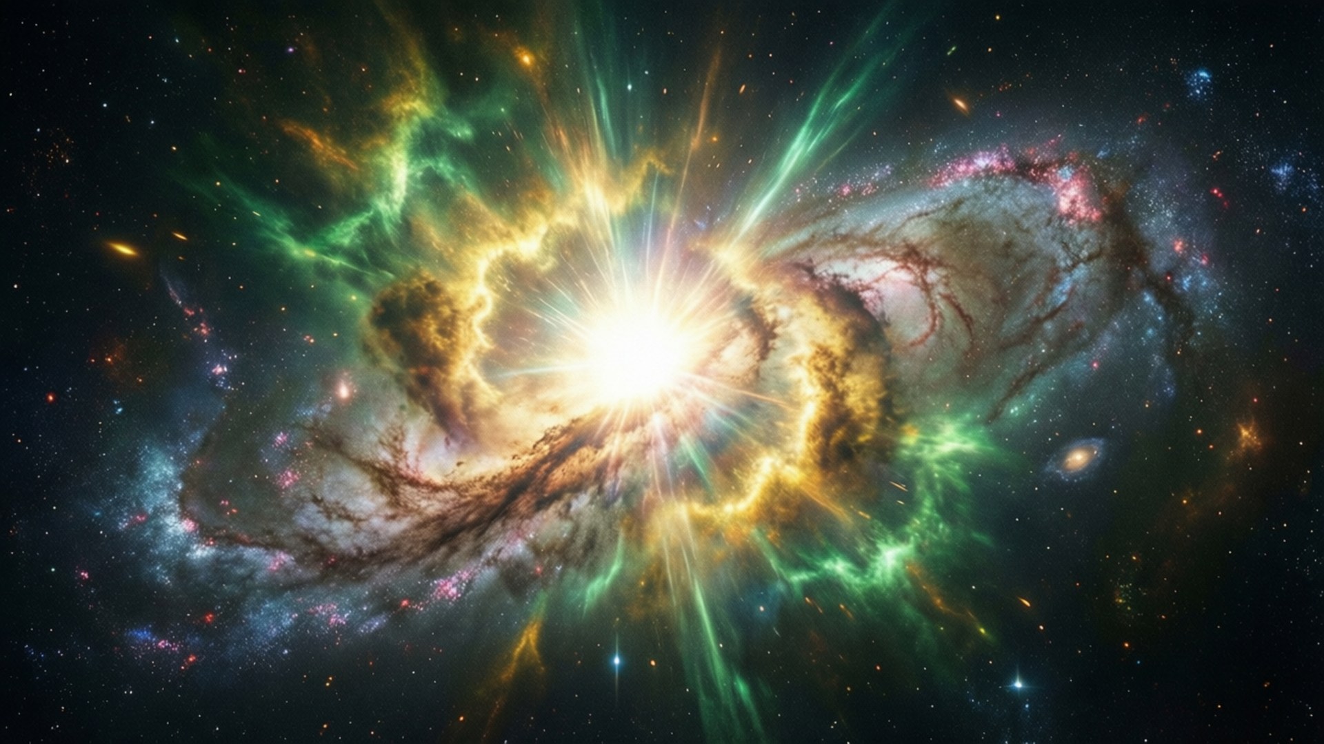 Supernova 桌布 壁紙 — 一場燦爛的宇宙爆炸照亮了旋轉的星雲，呈現出鮮豔的綠色、金色和紫色，背景是滿天星斗。
