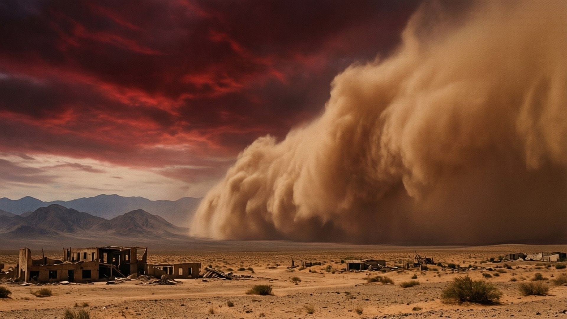 Desert Dust Storm 壁紙 — 一場巨大的沙塵暴吞噬了荒涼的沙漠景觀，廢棄的建築物在血紅色的天空下。