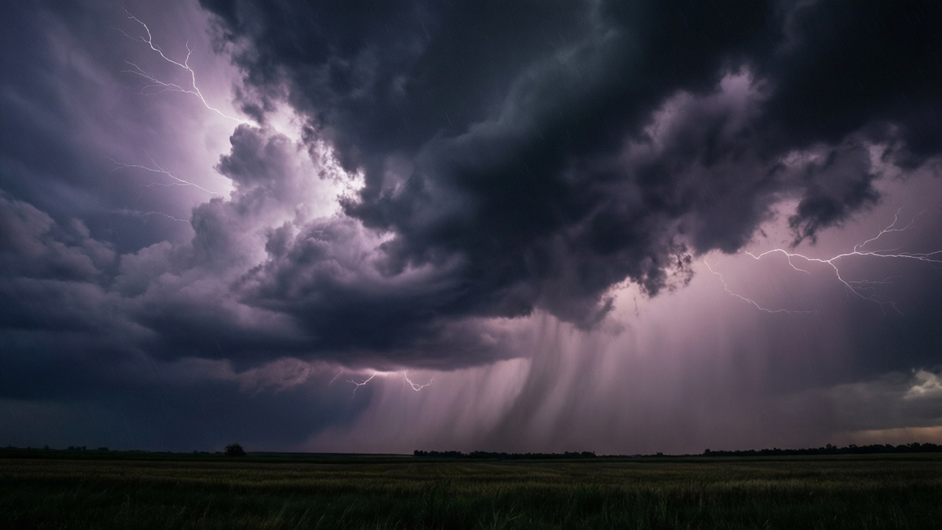 Storm Clouds Lightning Sky 壁紙 — 一場戲劇性的雷暴，生動的紫色閃電照亮了雨浸田野上方的烏雲。