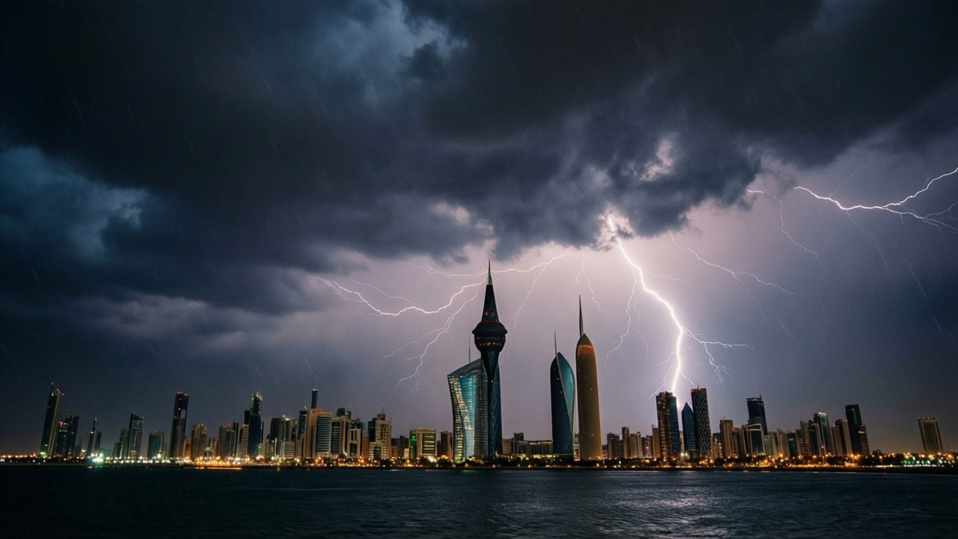 Kuwait Storm Lightning 壁紙 — 一場戲劇性的雷暴照亮了夜晚的現代城市天際線，烏雲密佈，雨水落在水面上。
