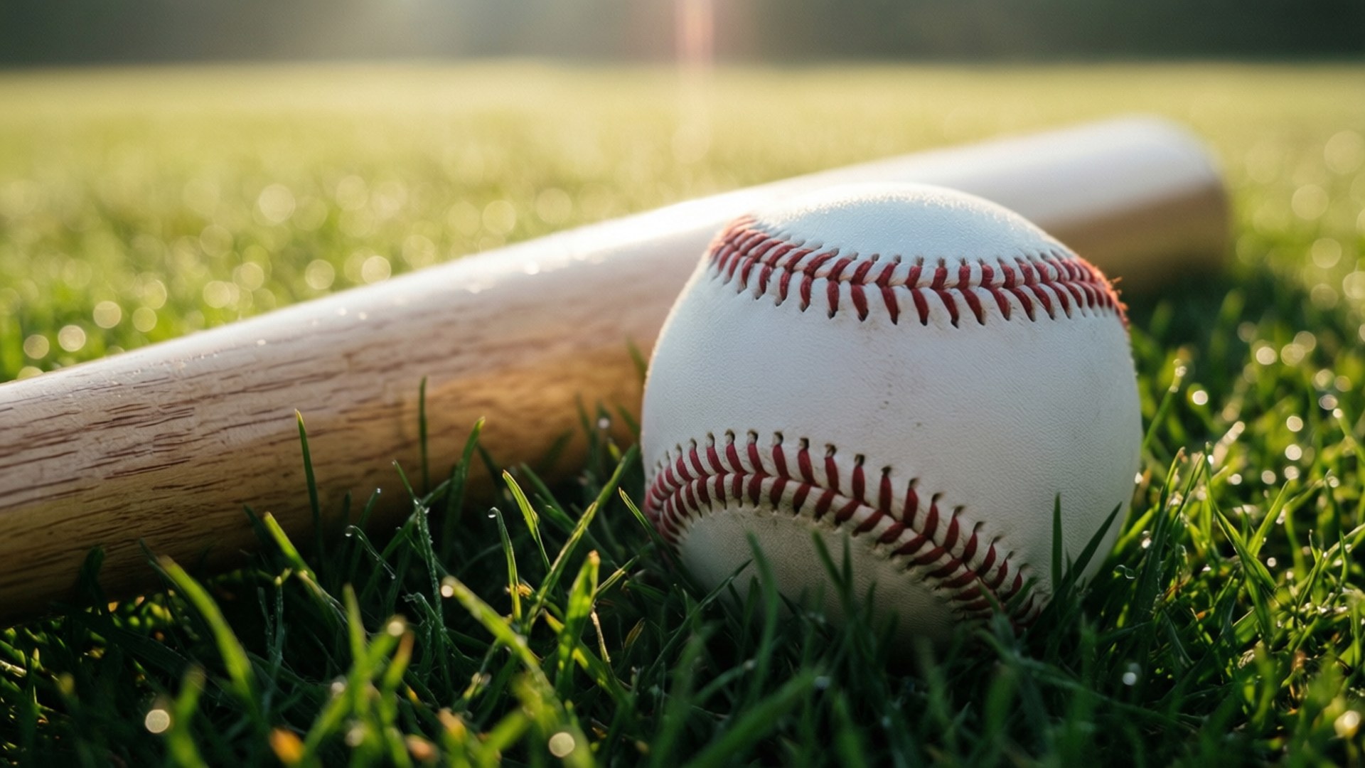草地上的棒球和球棒，有露水和陽光 — MLB 壁紙