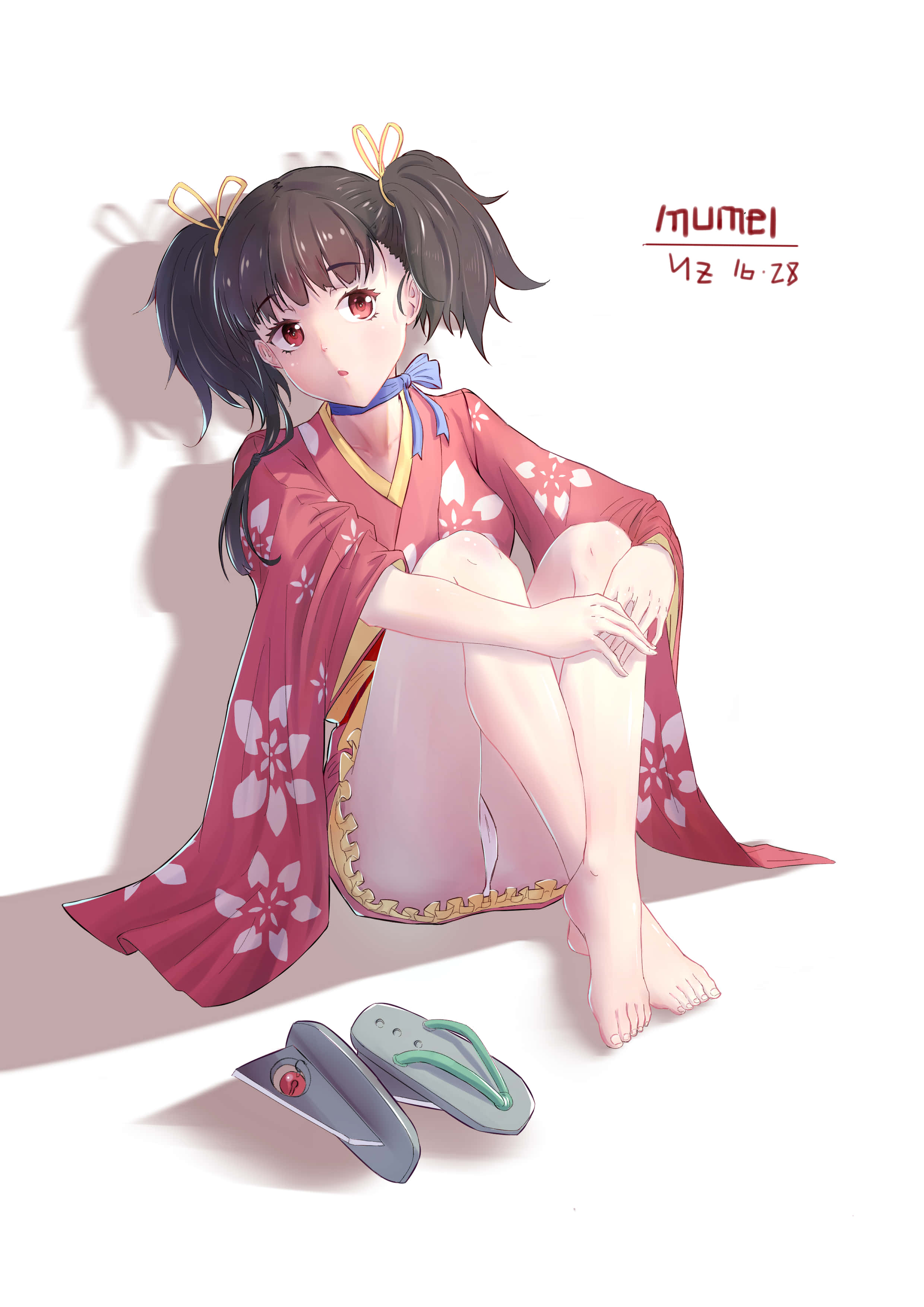 Kabaneri Of The Iron Fortress Mumei 桌布 壁紙 — 一位穿著紅色花卉和服的年輕動漫女孩赤腳坐在她的涼鞋旁邊，涼鞋在純白地板上投下柔和陰影。