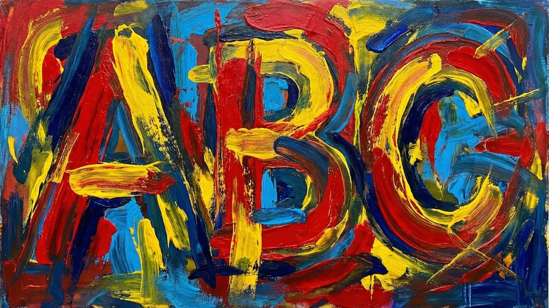 Abstract ABC Painting 壁紙 — 以粗獷筆觸和鮮豔重疊色彩大膽繪製的紅色、黃色和藍色ABC字母。