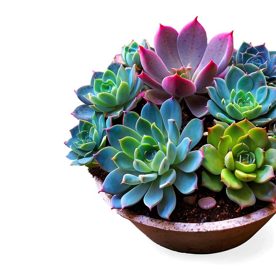 陶盆中發光的彩色多肉植物擺設。 — 1366X768 壁紙