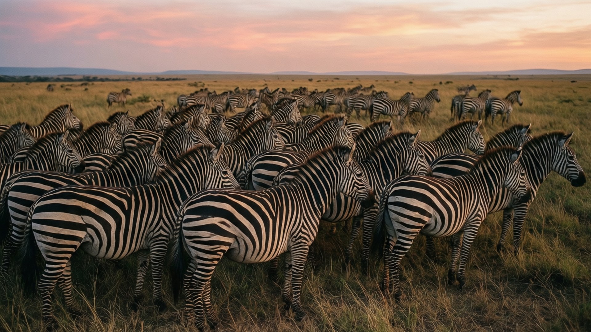 Zebra Camo 壁紙 — 一大群斑馬站在金色的草地上，天空是柔和的粉紅色和橙色日落。