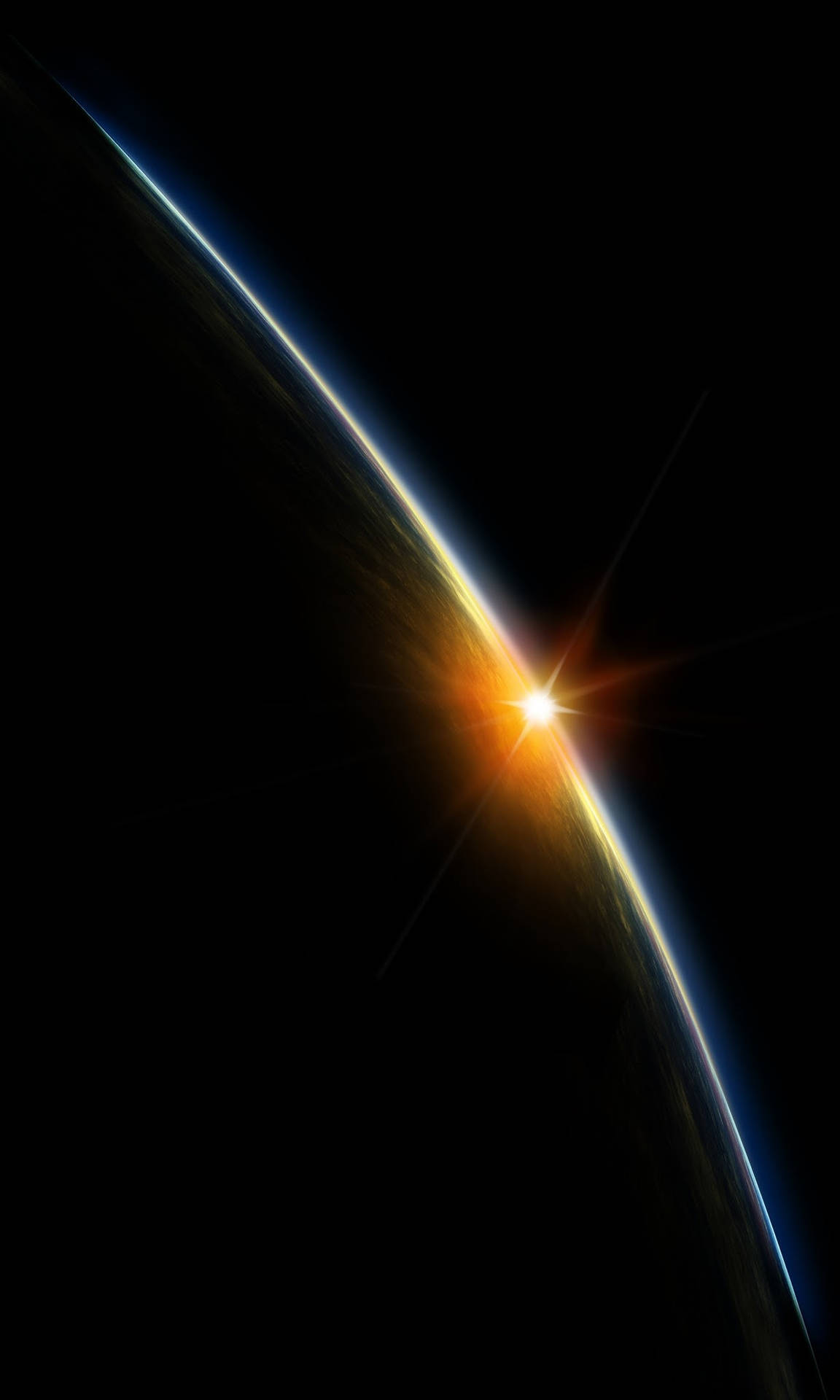 行星彎曲地平線上的日出，閃耀著金色和藍色的光芒。 — Oled 壁紙