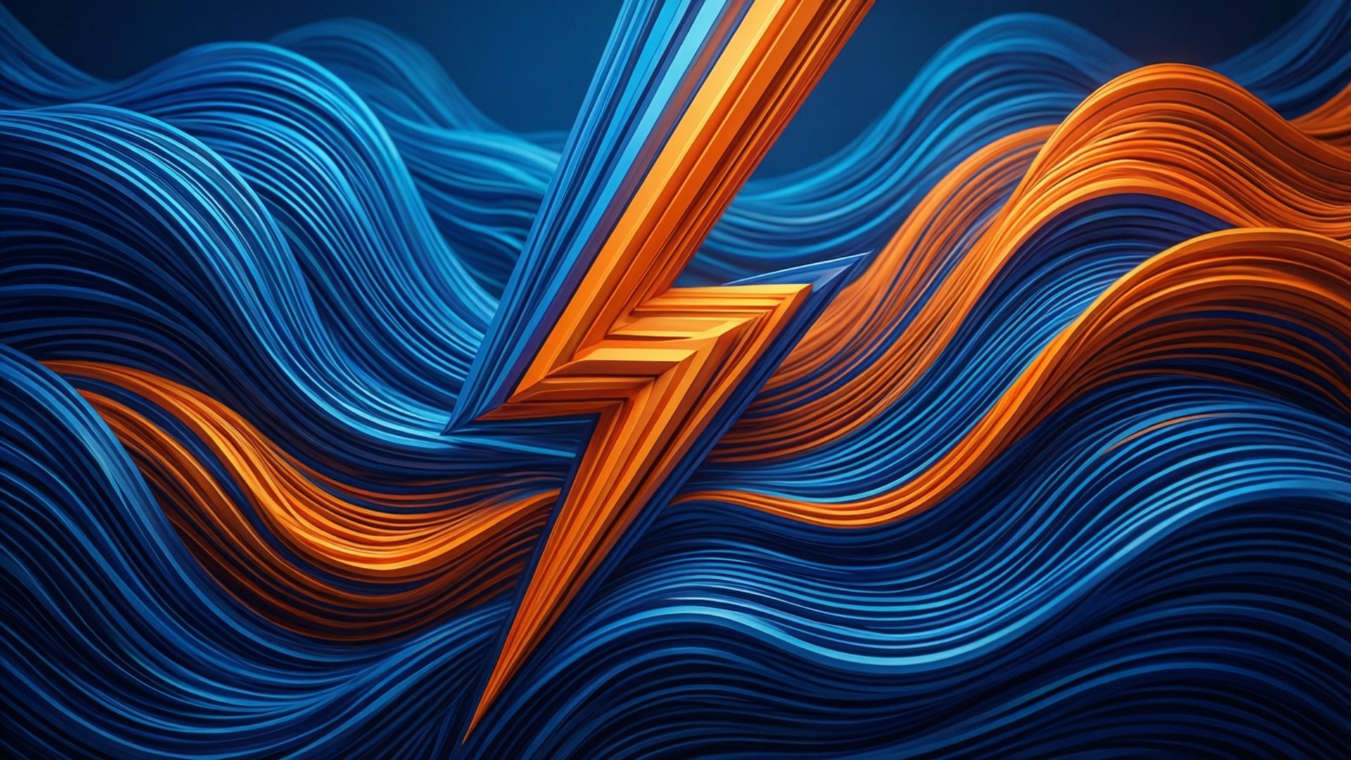 Geometric Thunder Wave 壁紙 — 一道充滿活力的橙色閃電劃過旋轉的藍色和橙色絲帶，形成動態的抽象數位藝術作品。