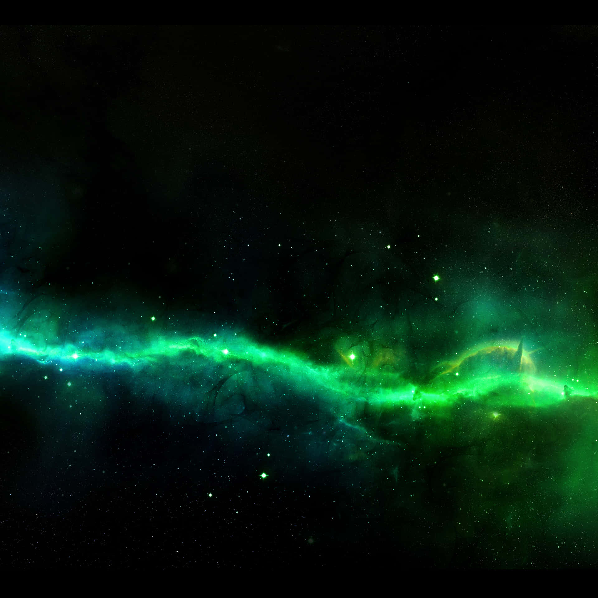 深空中帶有星星的發光綠色星雲 — iPad 壁紙