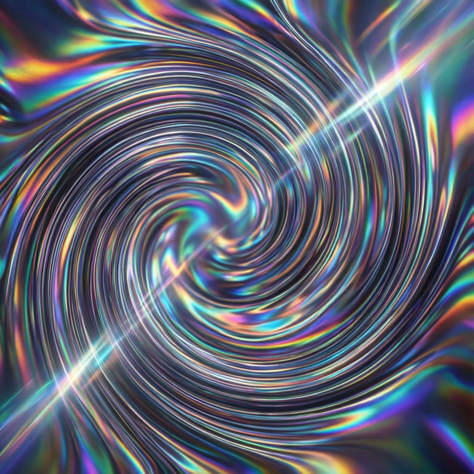 Holographic Swirl 壁紙 — 一道迷人的虹彩光螺旋向內流動，帶有光芒四射的條紋和閃爍的彩虹色調。