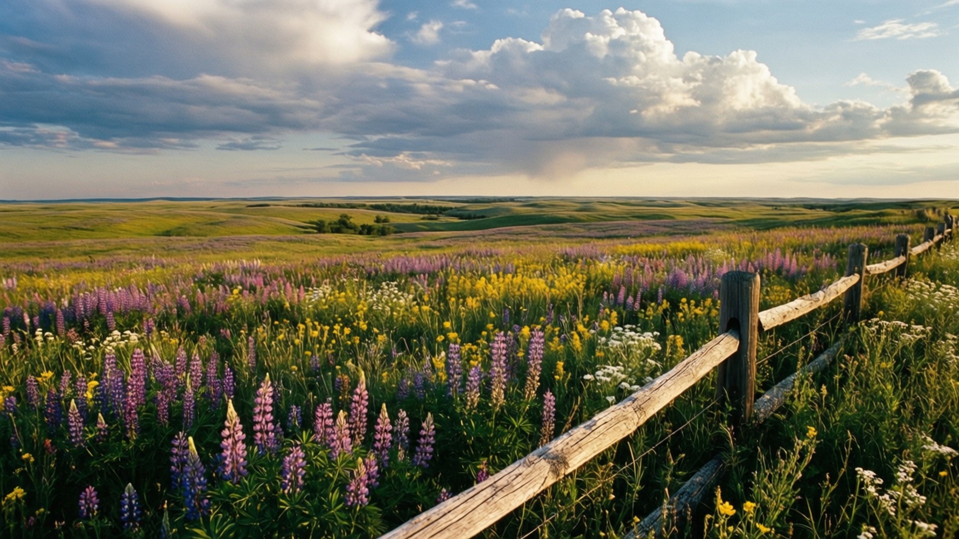 Prairie Wildflowers Summer 壁紙 — 一道木柵欄圍繞著一片充滿活力的紫色、黃色和白色野花田，上方是戲劇性的多雲天空。