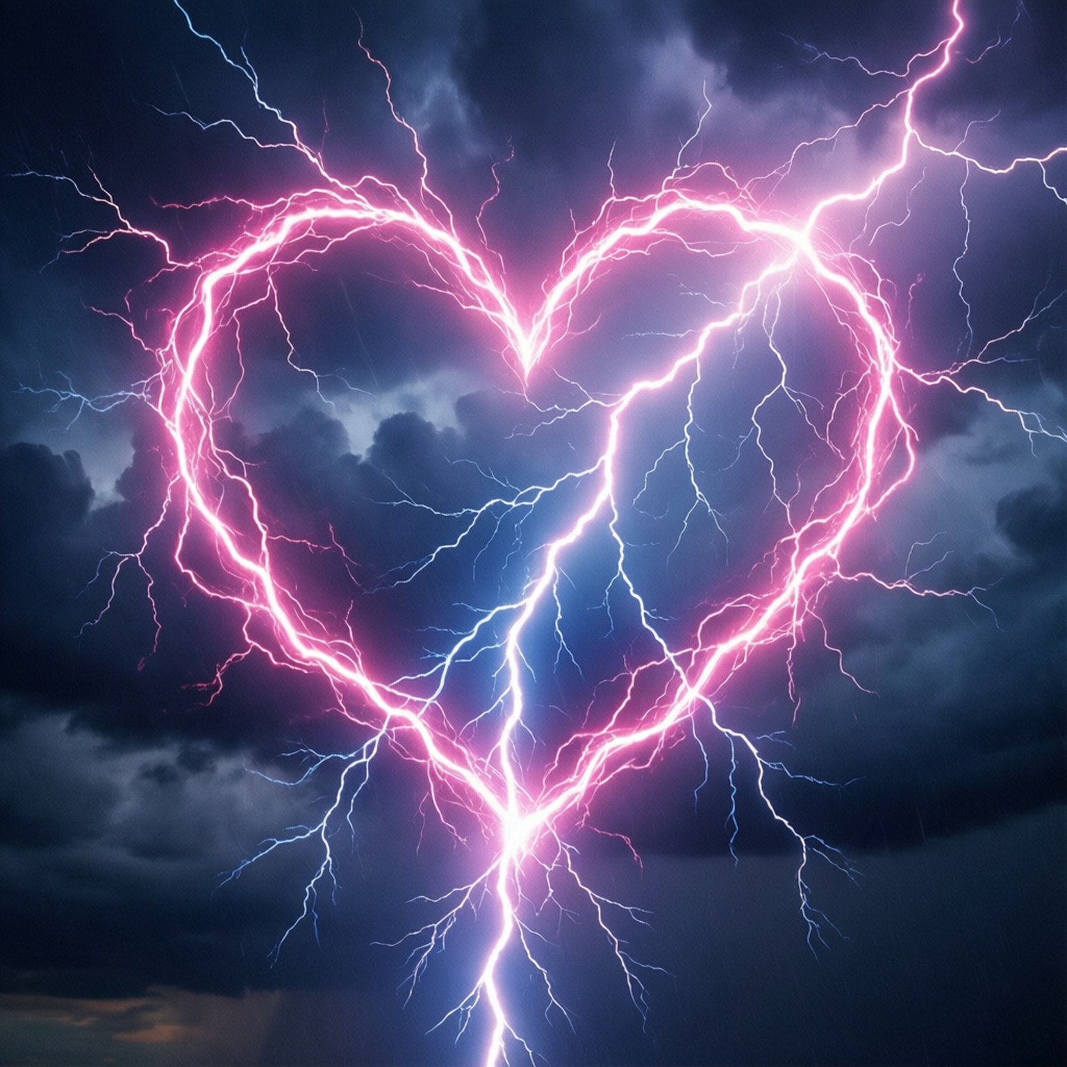Heart-Shaped Lightning 壁紙 — 一道閃爍的粉紅色和藍色閃電在黑暗的暴風雨天空中形成一個發光的心形。